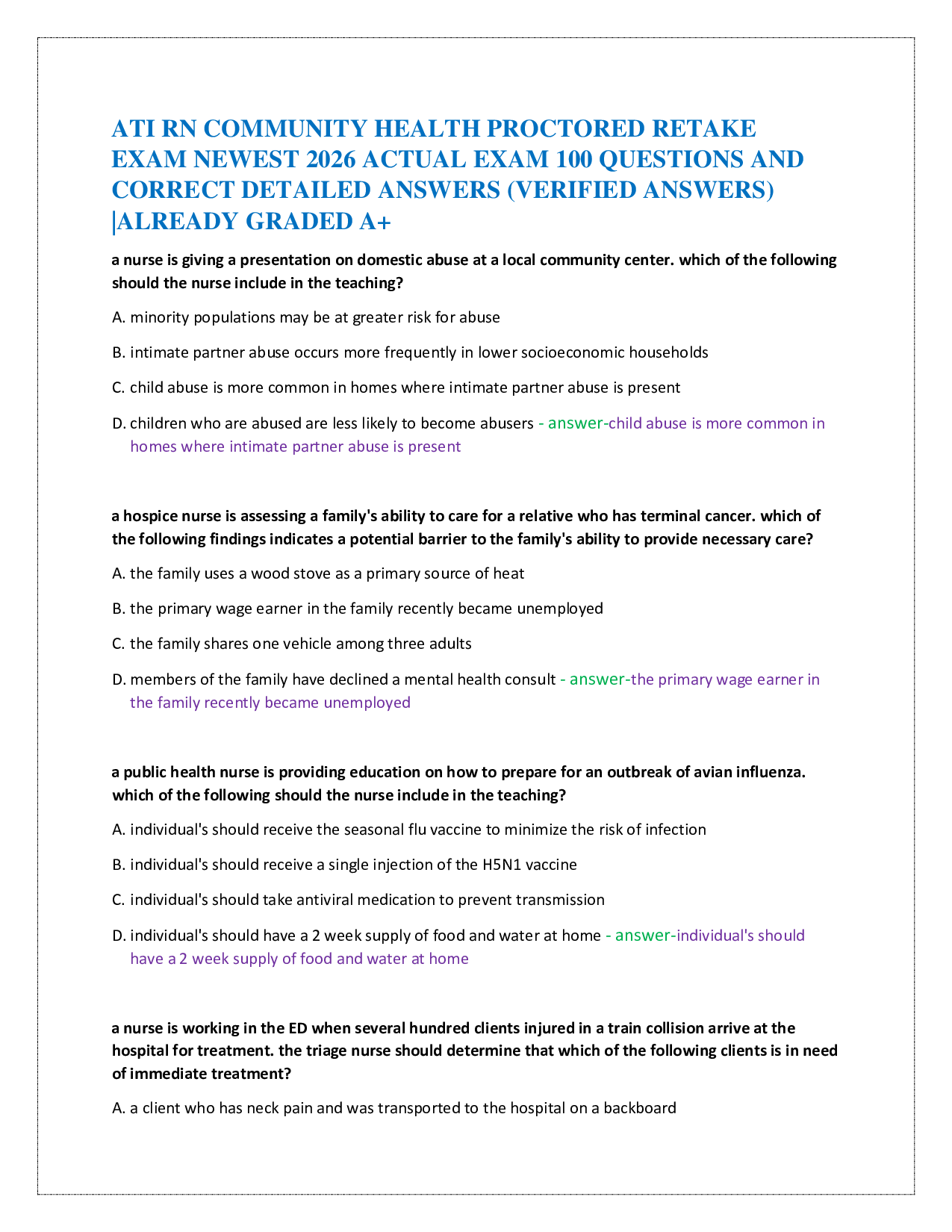 ATI RN COMMUNITY HEALTH PROCTORED RETAKE   EXAM NEWEST 2026 ACTUAL EXAM 100 QUESTIONS AND   CORRECT DETAILED ANSWERS (VERIFIED ANSWERS)   |ALREADY GRADED A+