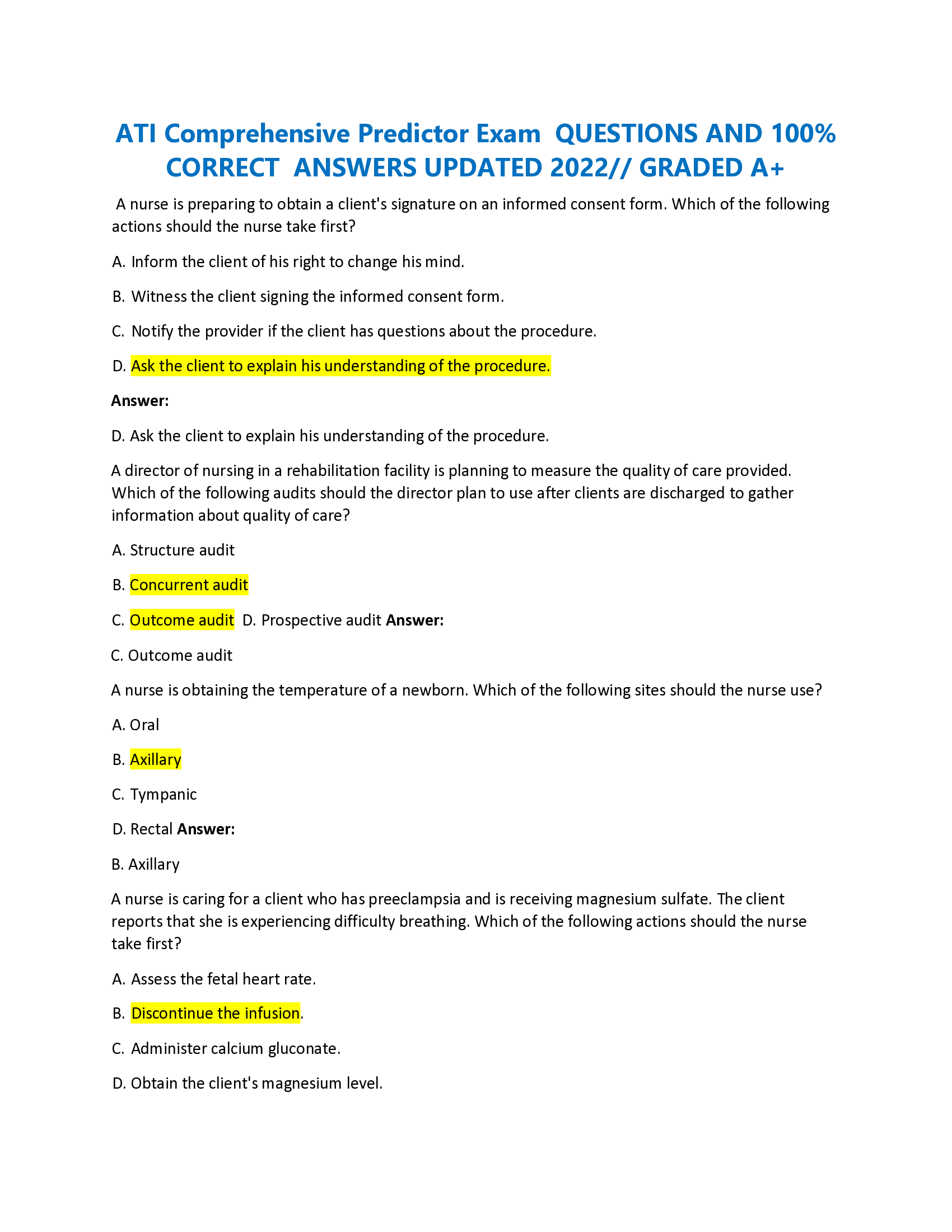 ATI Comprehensive Predictor Exam QUESTIONS AND CORRECT ANSWERS UPDATED 2026 GRADED A+