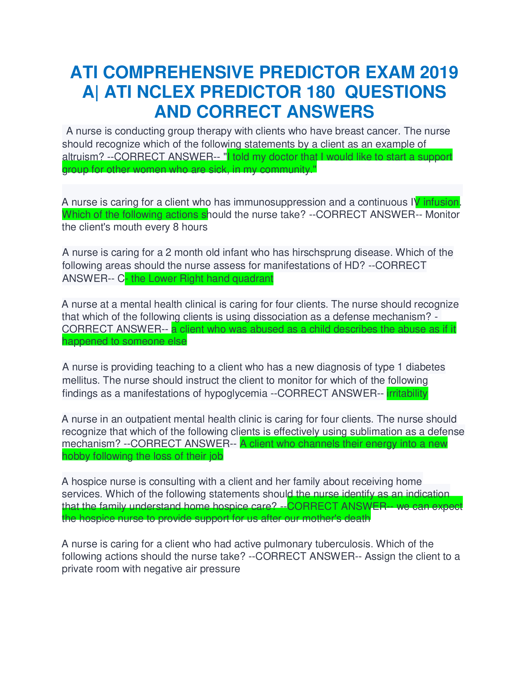 ATI Comprehensive Predictor Exam 2019 B| ATI NCLEX Predictor 180 Questions and Correct Answers