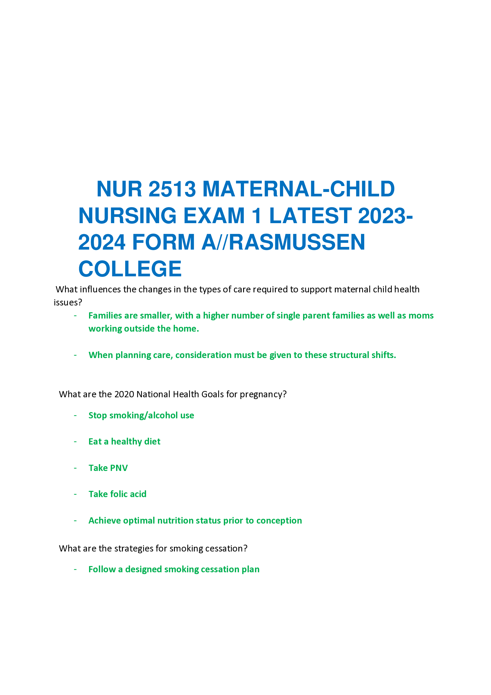 NUR 2513 Maternal-Child Nursing Exam 1 latest 2023-2026 FORM A Rasmussen College