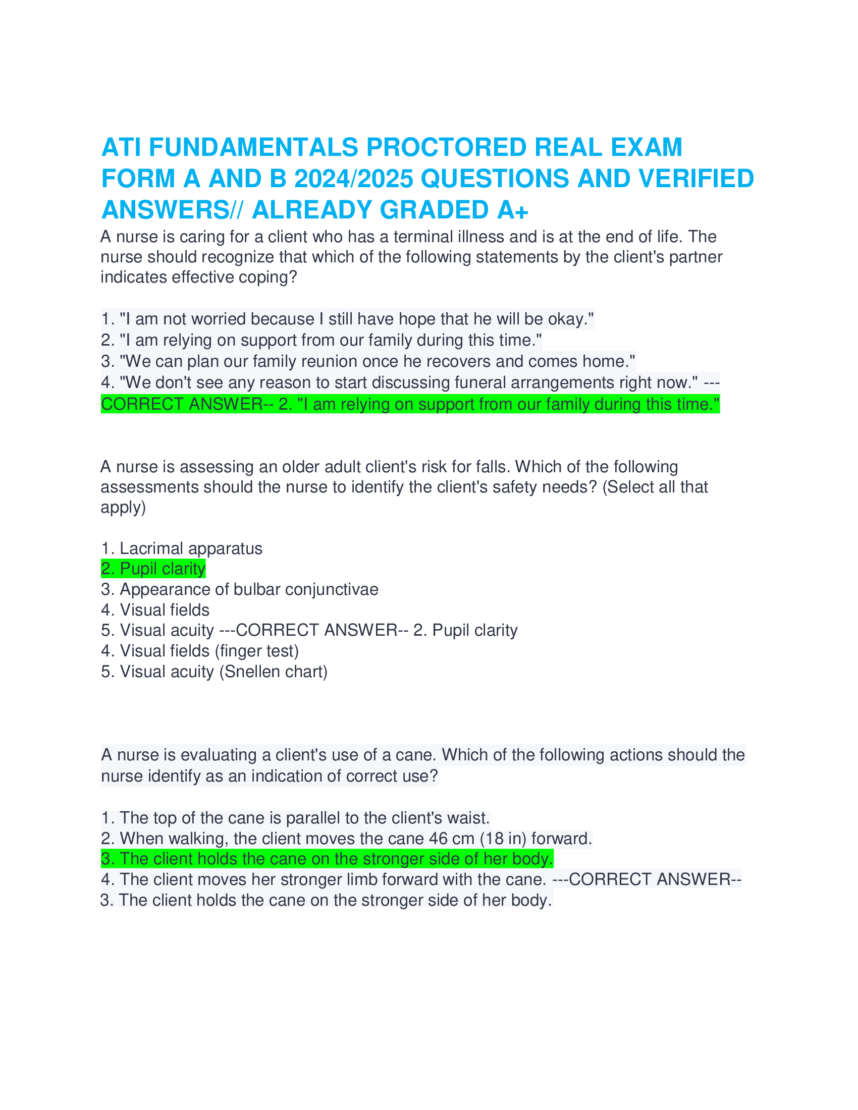 ATI FUNDAMENTALS PROCTORED REAL EXAM FORM A AND B 2024, 2026 QUESTIONS AND VERIFIED ANSWERS | ALREADY GRADED A+
