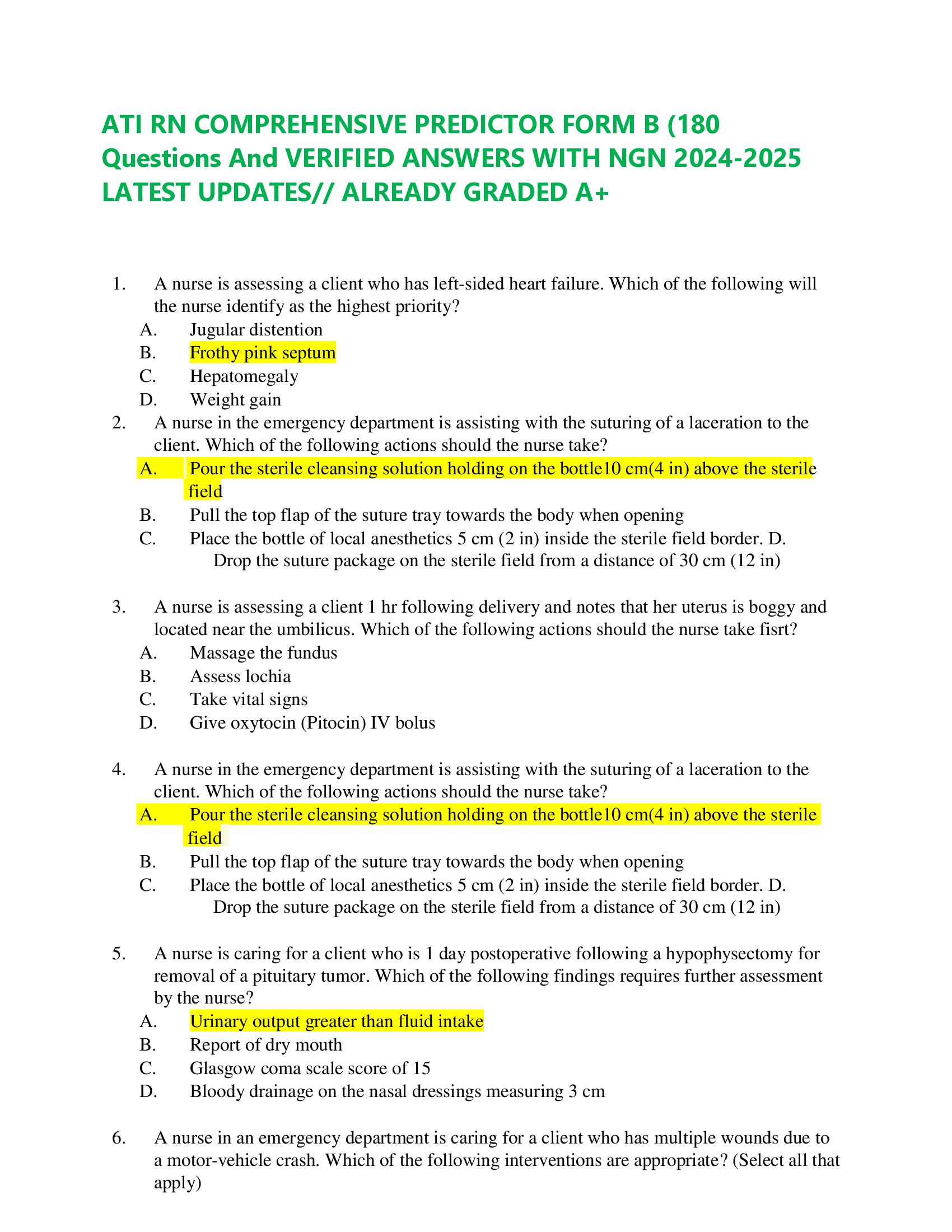 ATI RN COMPREHENSIVE PREDICTOR FORM B