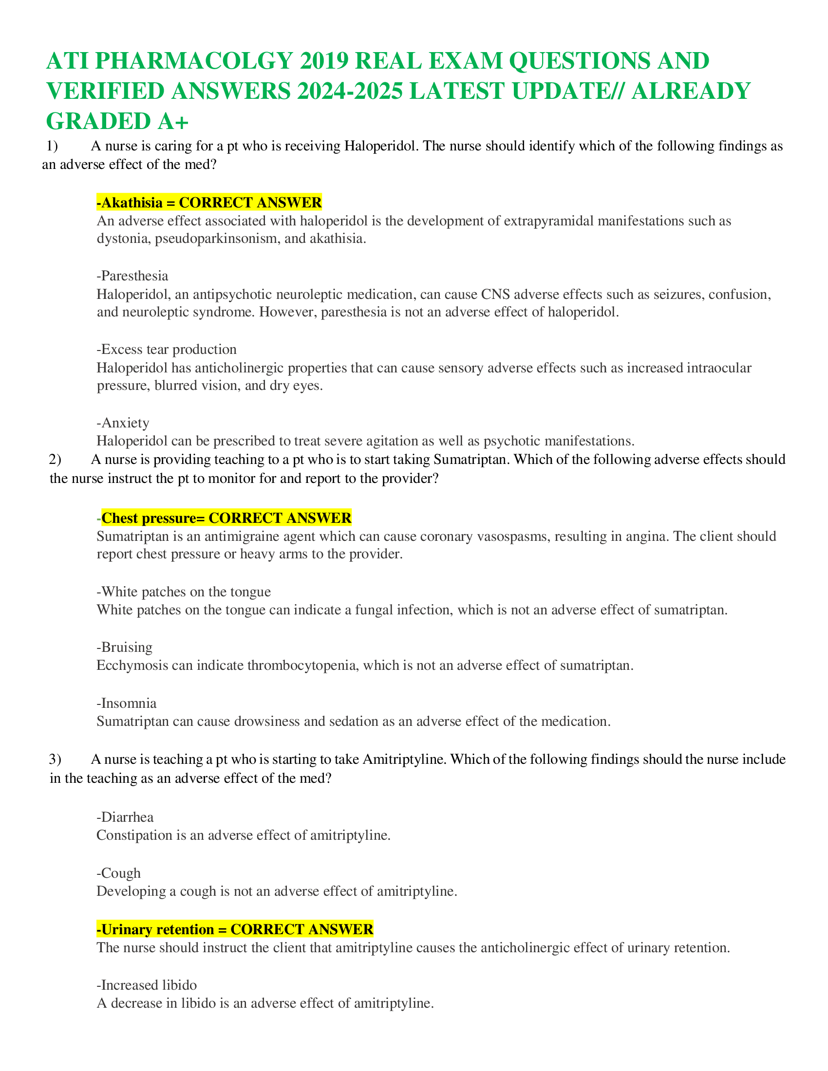 ATI PHARMACOLGY 2019 REAL EXAM