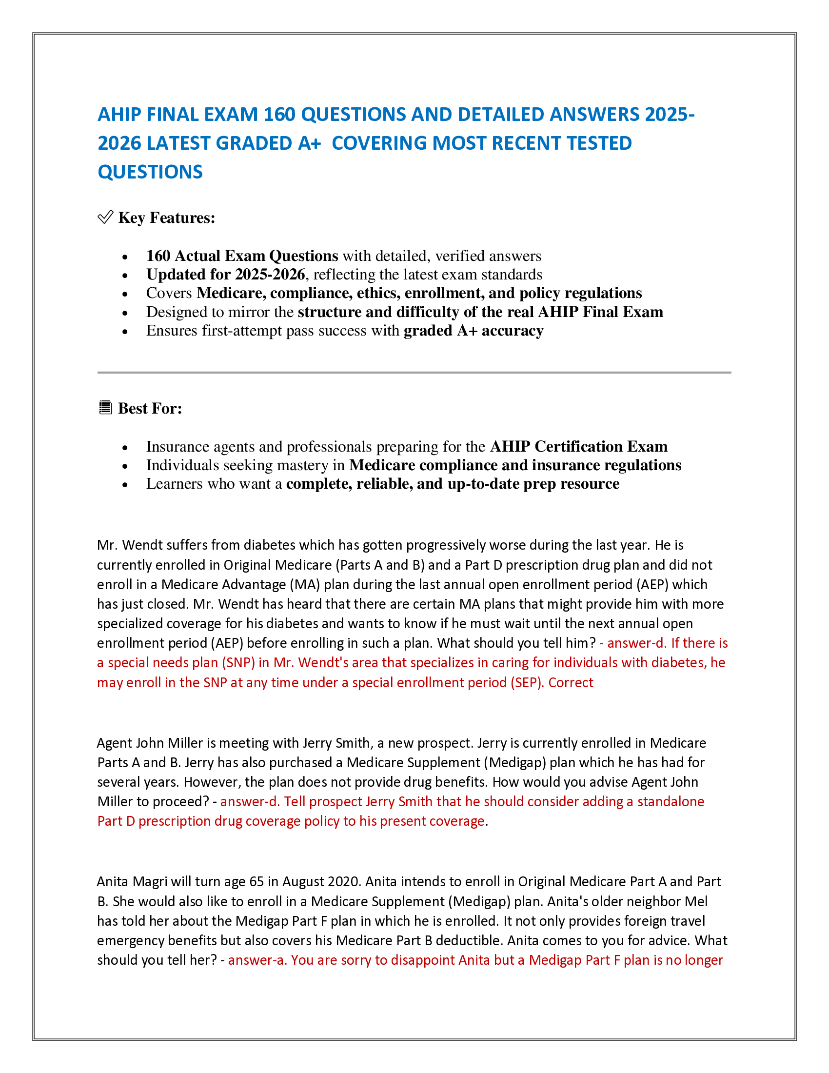 AHIP Final Exam 160 Questions and Detailed Answers 2026-2026 Latest Graded A+ Covering Most Recent Tested Questions