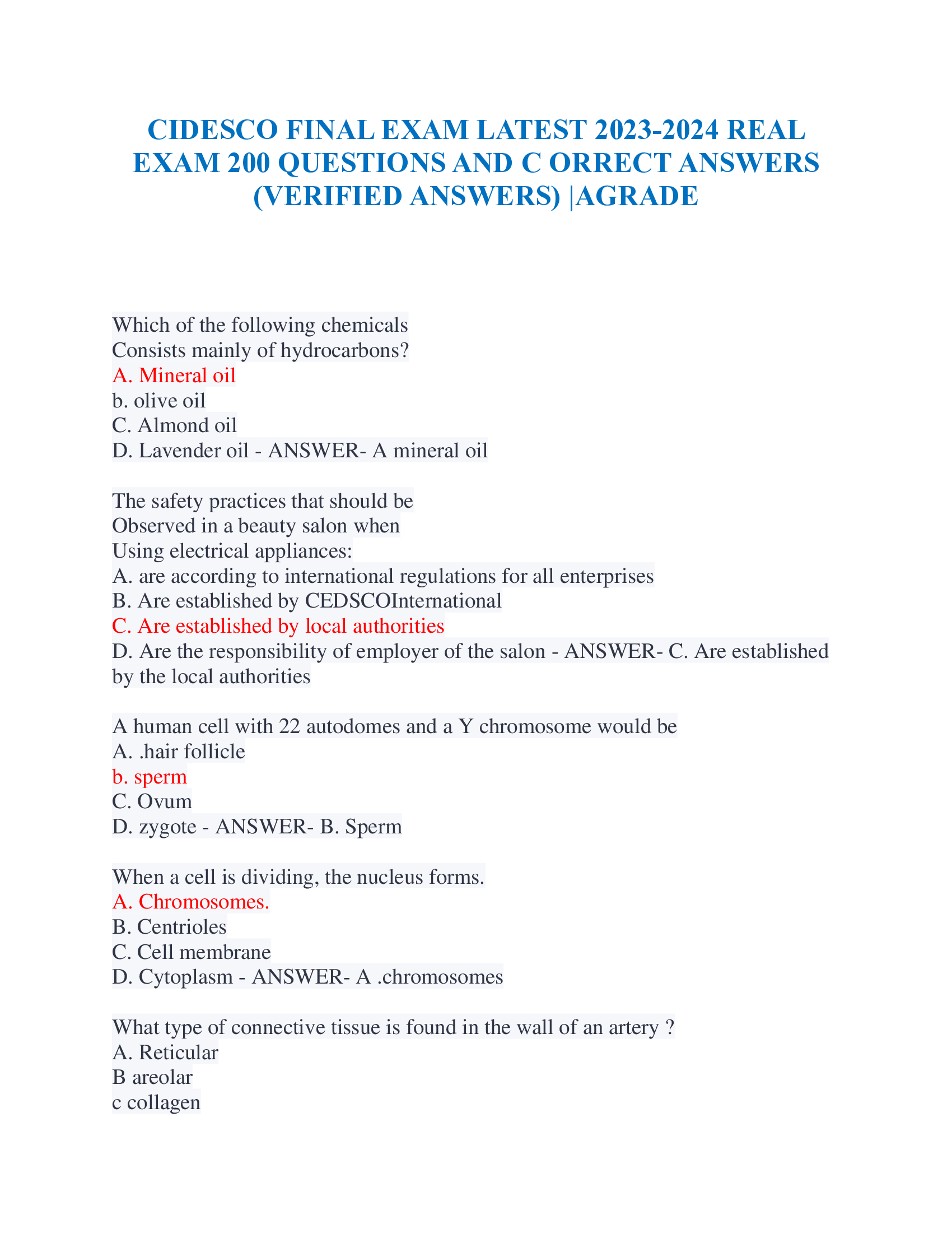 CIDESCO FINAL EXAM LATEST 2023-2024 REAL  EXAM 200 QUESTIONS AND C ORRECT ANSWERS (VERIFIED ANSWERS) |AGR