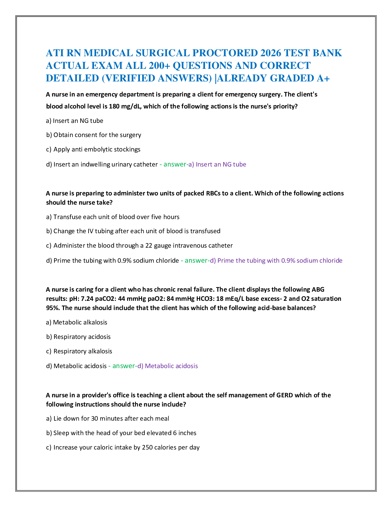 ATI RN MEDICAL SURGICAL PROCTORED 2026 TEST BANK   ACTUAL EXAM ALL 200+ QUESTIONS AND CORRECT   DETAILED (VERIFIED ANSWERS) |ALREADY GRADED A+