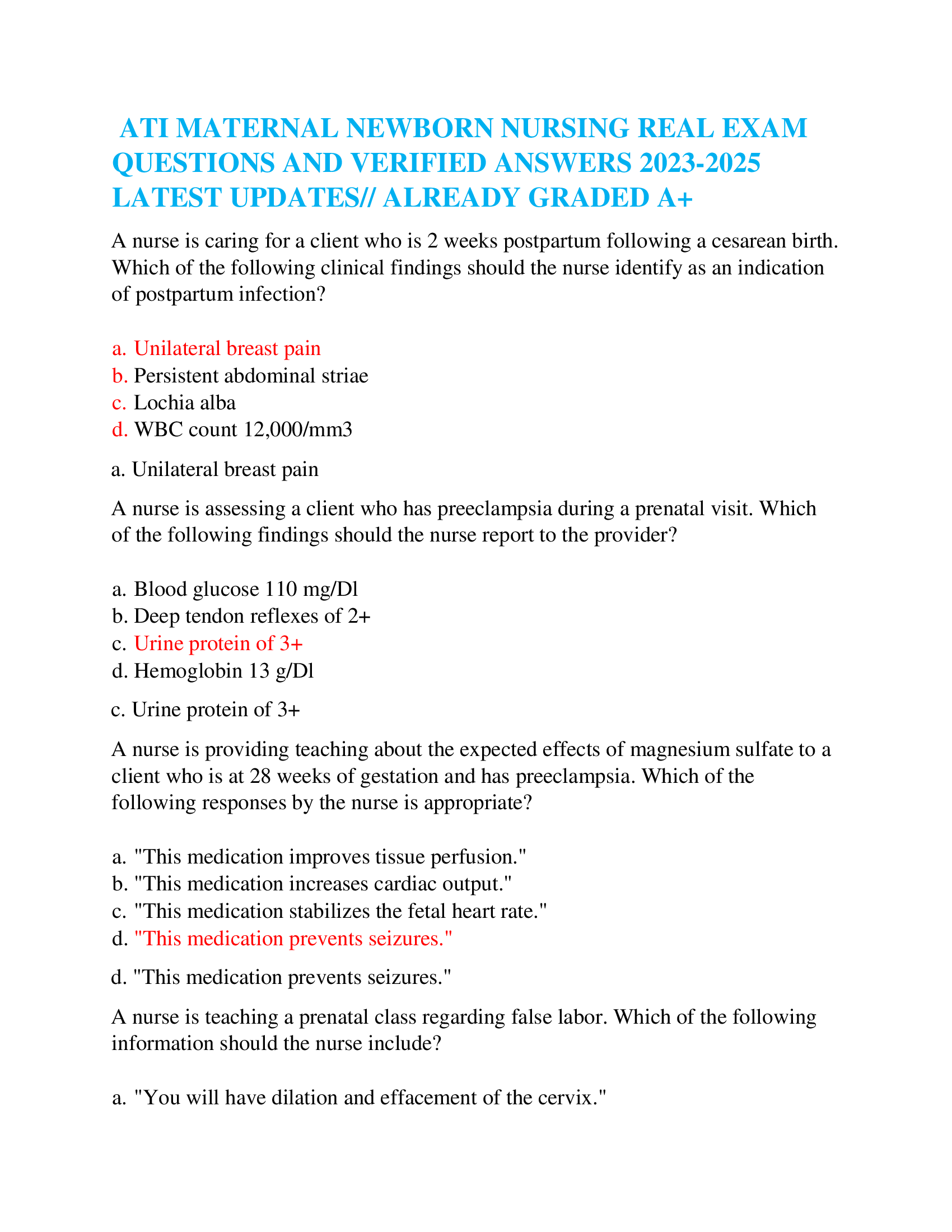 ATI MATERNAL NEWBORN NURSING REAL EXAM QUESTIONS AND VERIFIED ANSWERS 2023-2026 LATEST UPDATES | ALREADY GRADED A+