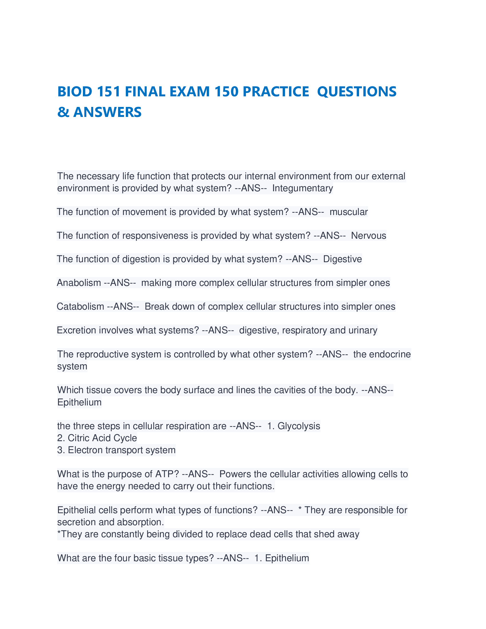 BIOD 151 Final Exam 150 Practice Questions & Answers (2026-2026) Graded A+