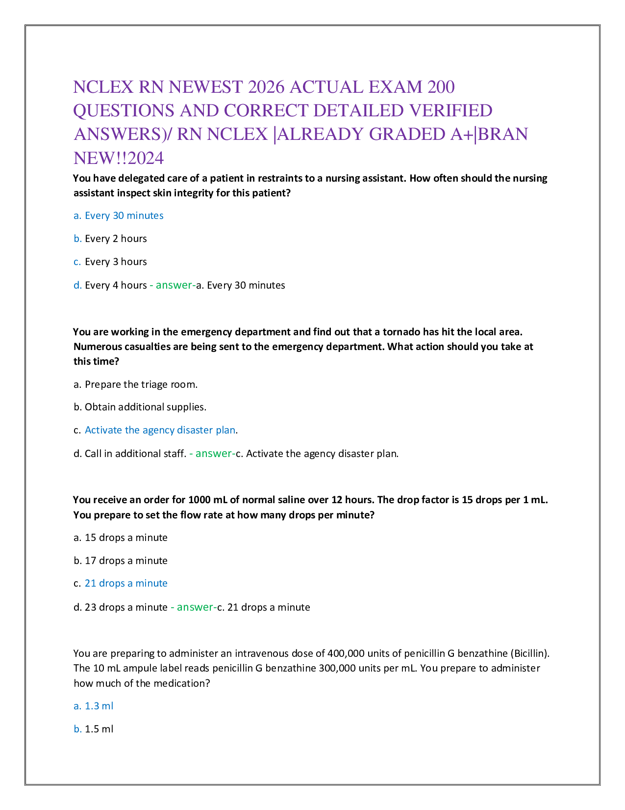 NCLEX RN NEWEST 2026 ACTUAL EXAM 200   QUESTIONS AND CORRECT DETAILED VERIFIED  ANSWERS)/ RN NCLEX |ALREADY GRADED A+|BRAN  NEW!!