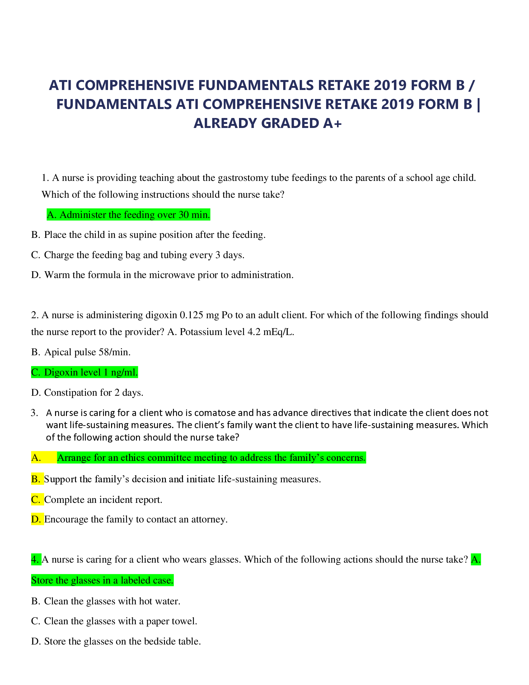 ATI COMPREHENSIVE FUNDAMENTALS RETAKE 2019 FORM B /  FUNDAMENTALS ATI COMPREHENSIVE RETAKE 2019 FORM B | ALREADY GRADED A+