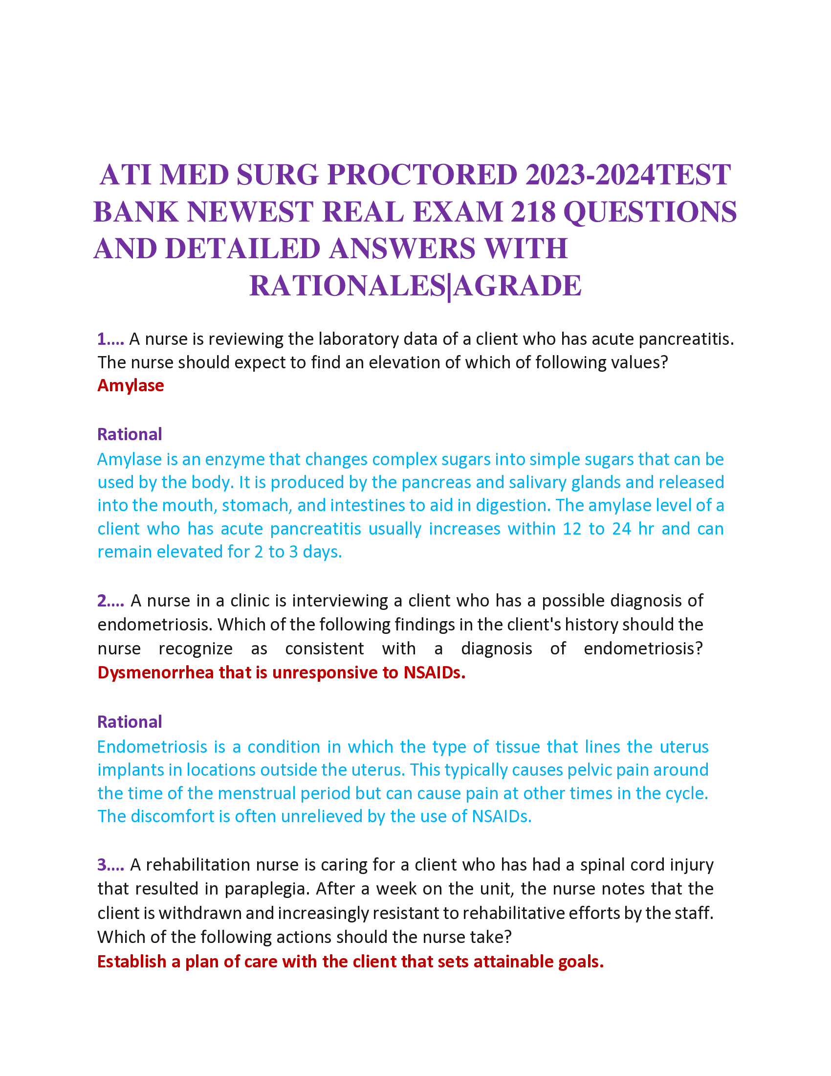 ATI Med-Surg Proctored Exam Test Bank 2026-2026 — 218 Real Exam Questions with Expert-Verified Answers & Detailed Rationales (Graded A+)