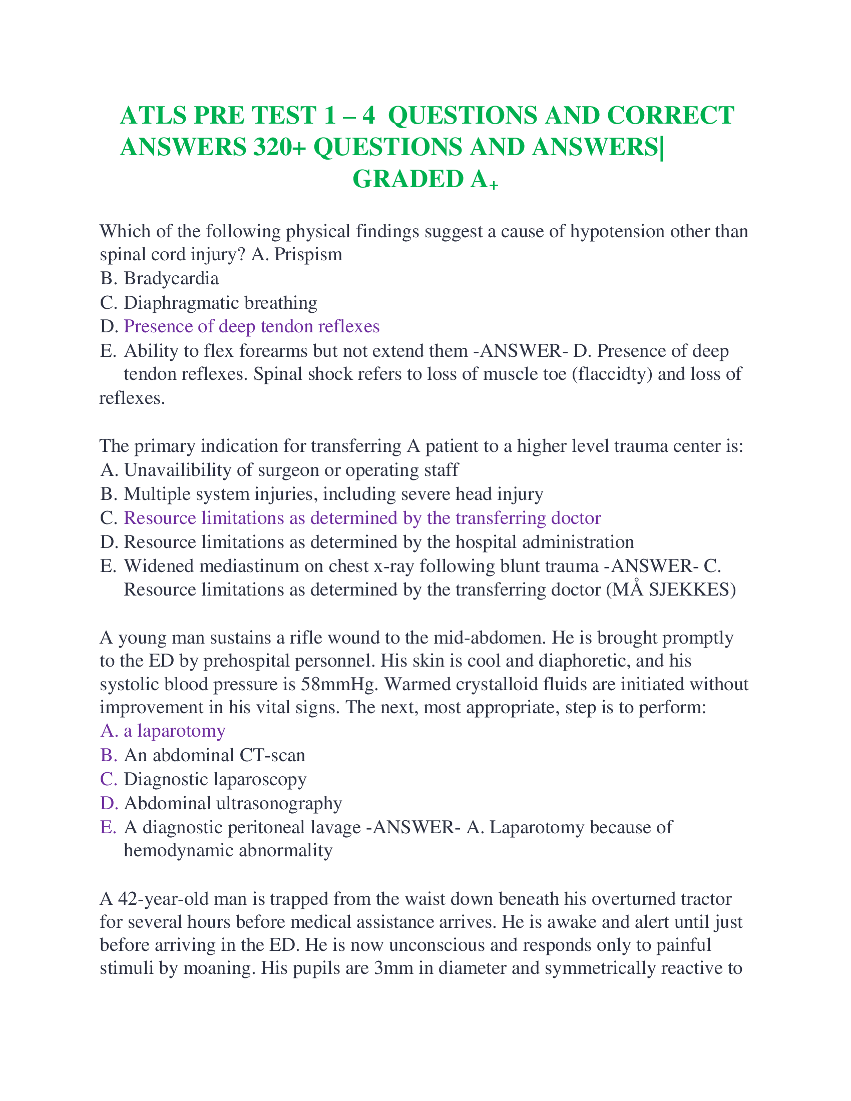 ATLS PRE TEST 1 – 4  QUESTIONS AND CORRECT ANSWERS