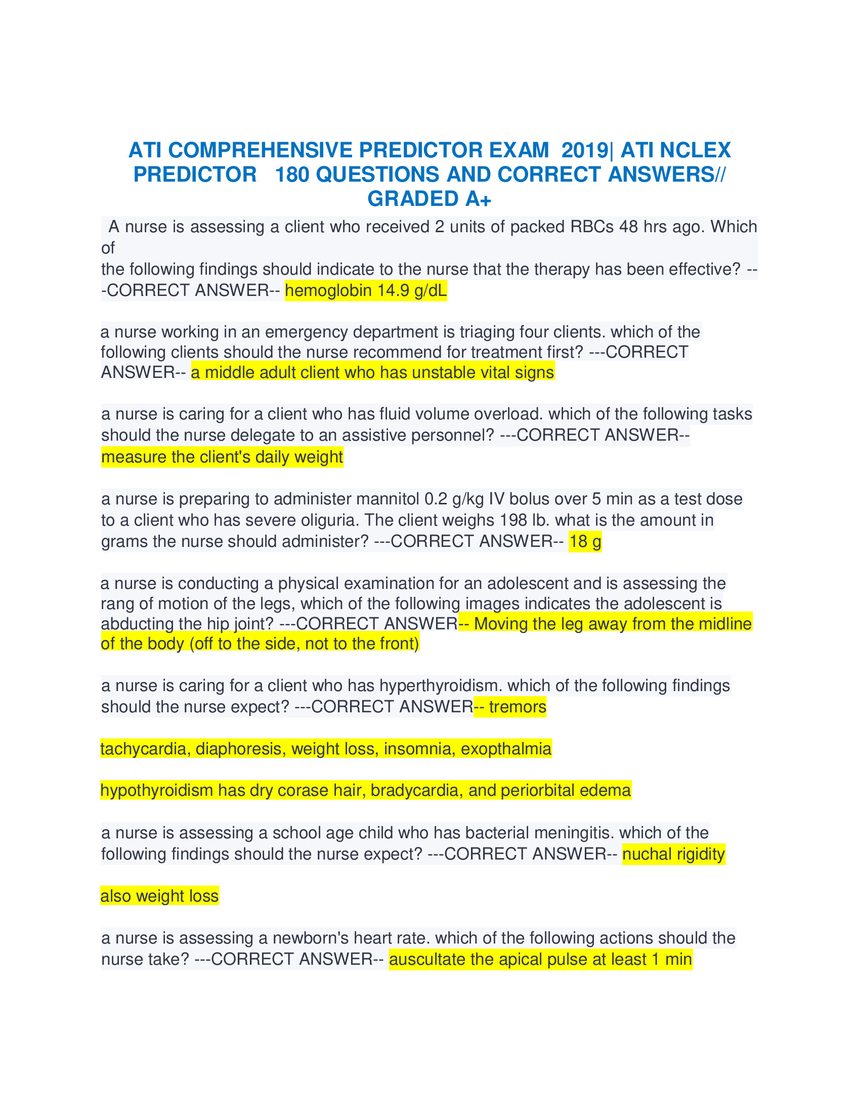 ATI COMPREHENSIVE PREDICTOR EXAM 2019 | ATI NCLEX PREDICTOR 180 QUESTIONS AND CORRECT ANSWERS GRADED A+