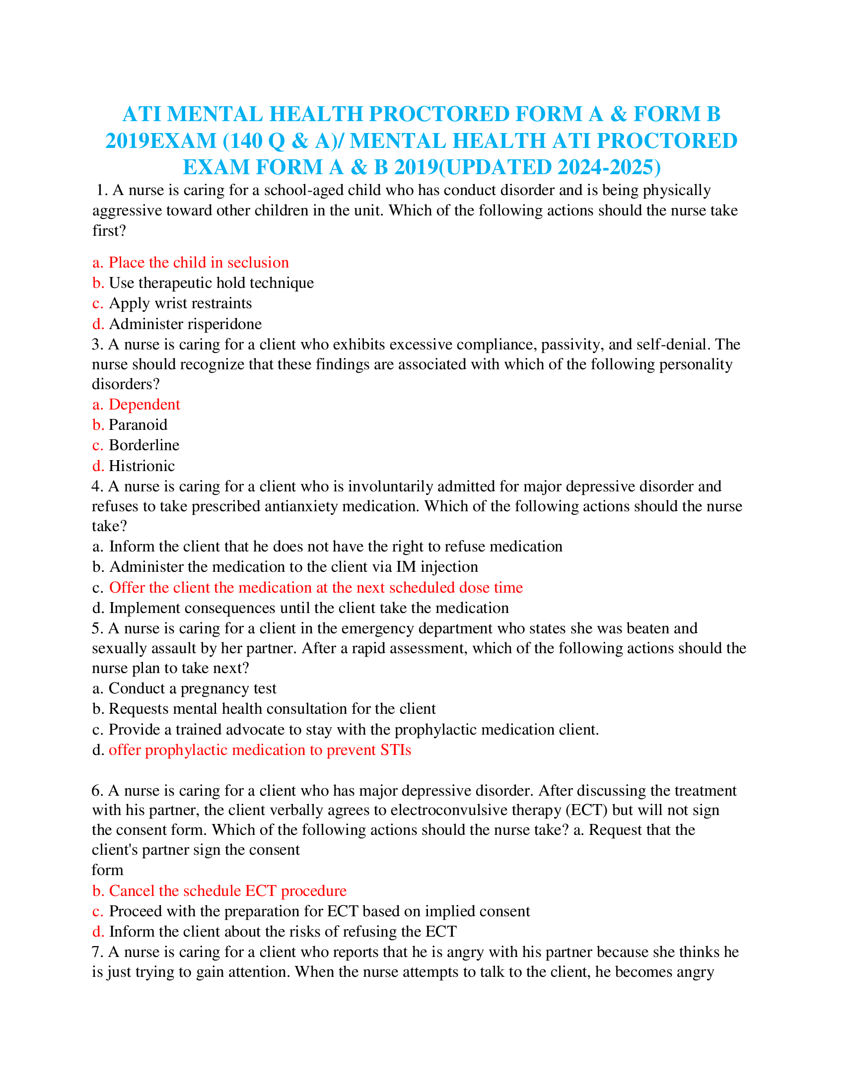ATI MENTAL HEALTH PROCTORED FORM A & FORM B