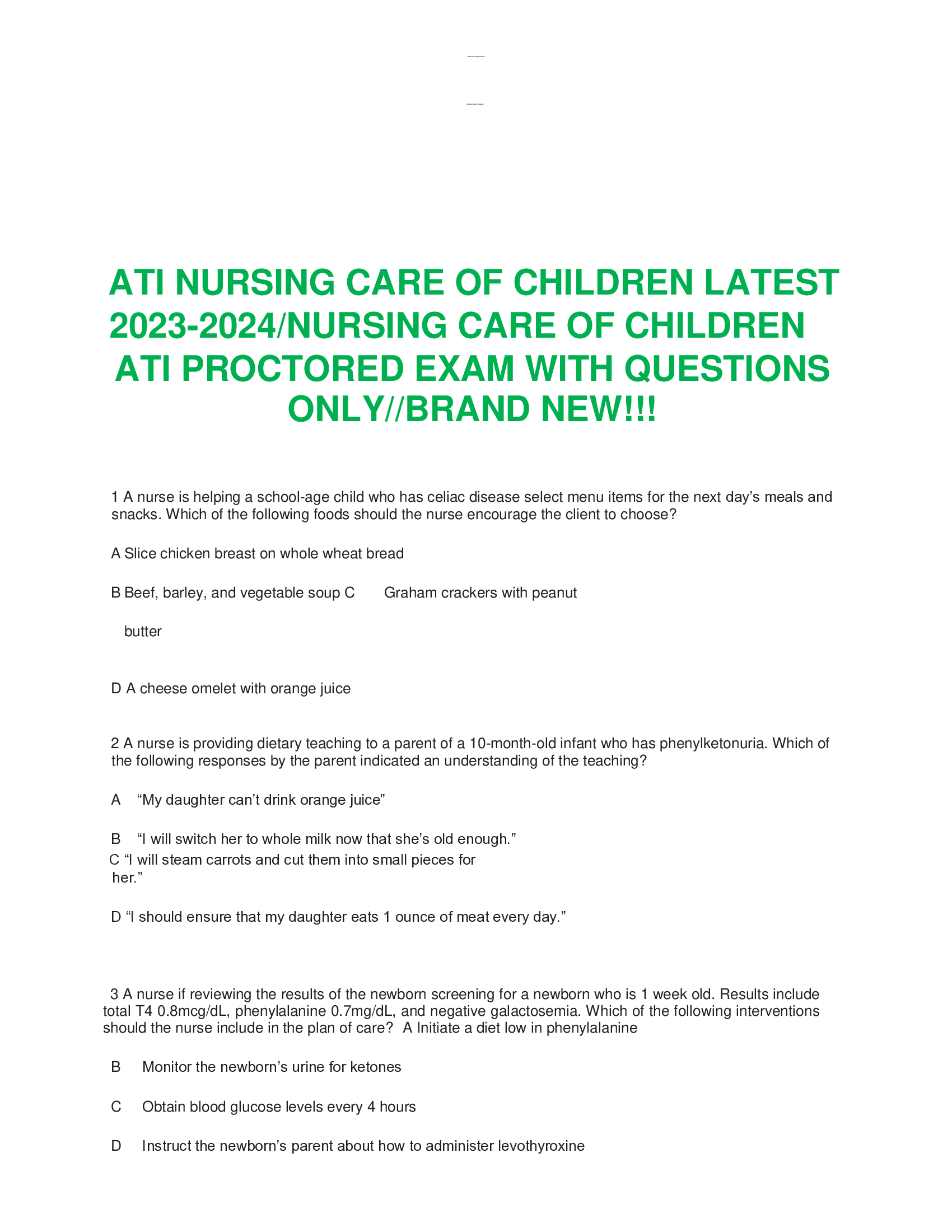 ATI NURSING CARE OF CHILDREN