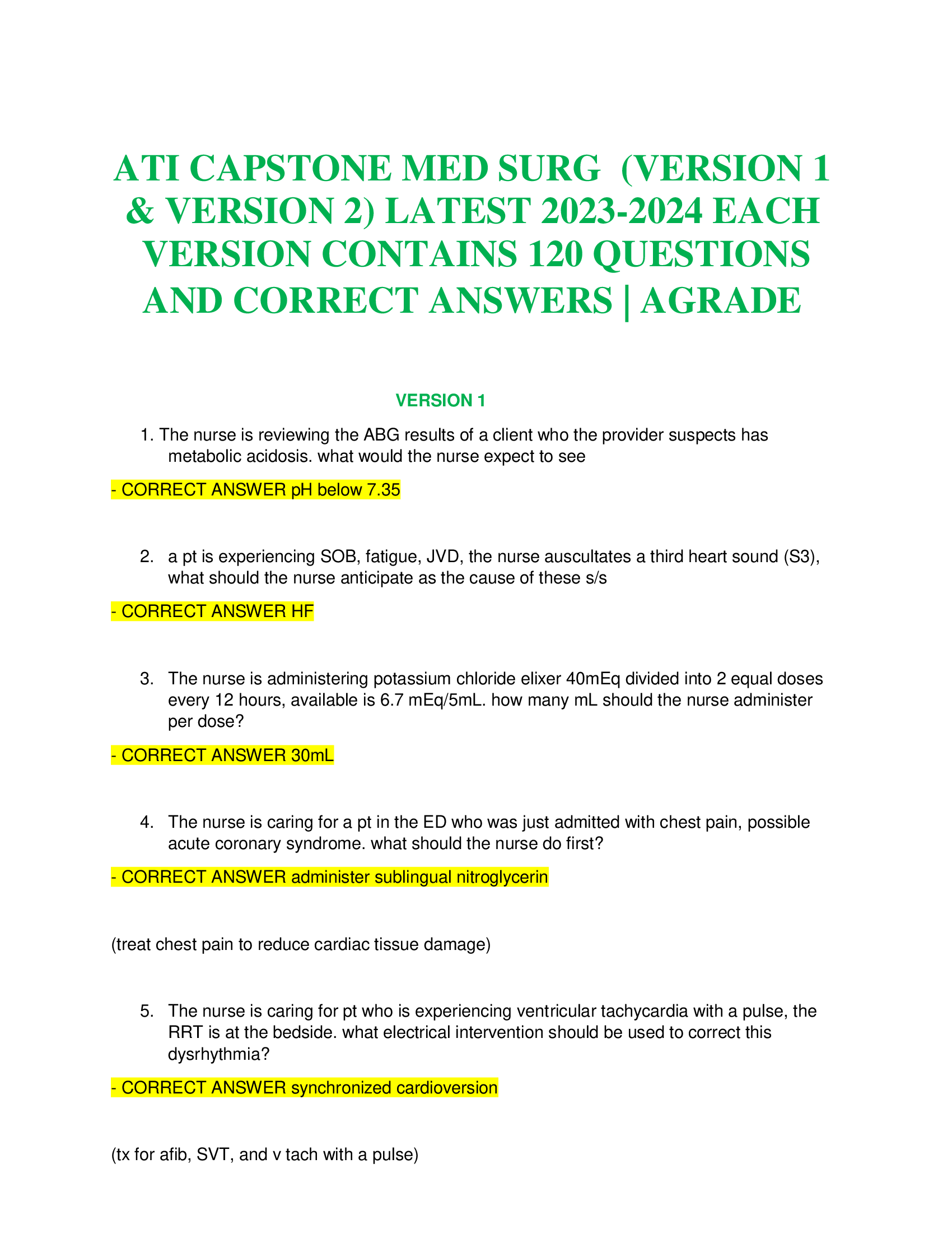 ATI CAPSTONE MED SURG  (VERSION 1 & VERSION 2)