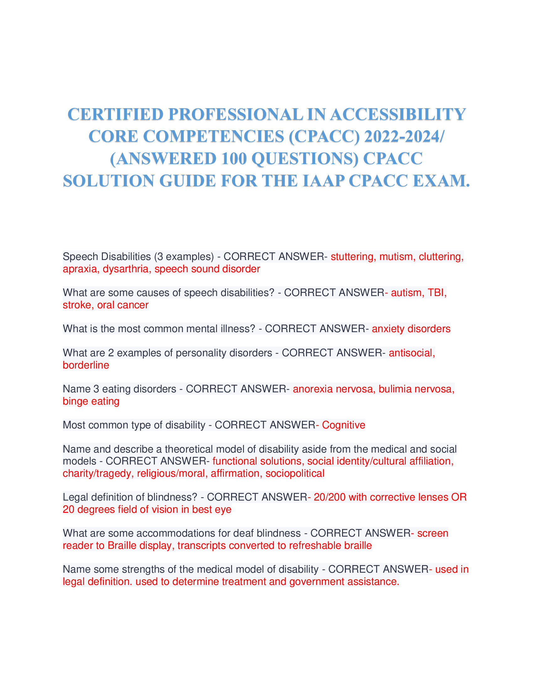CERTIFIED PROFESSIONAL IN ACCESSIBILITY CORE COMPETENCIES (CPACC) 2022-2026 / (ANSWERED 100 QUESTIONS) CPACC SOLUTION GUIDE FOR THE IAAP CPACC EXAM