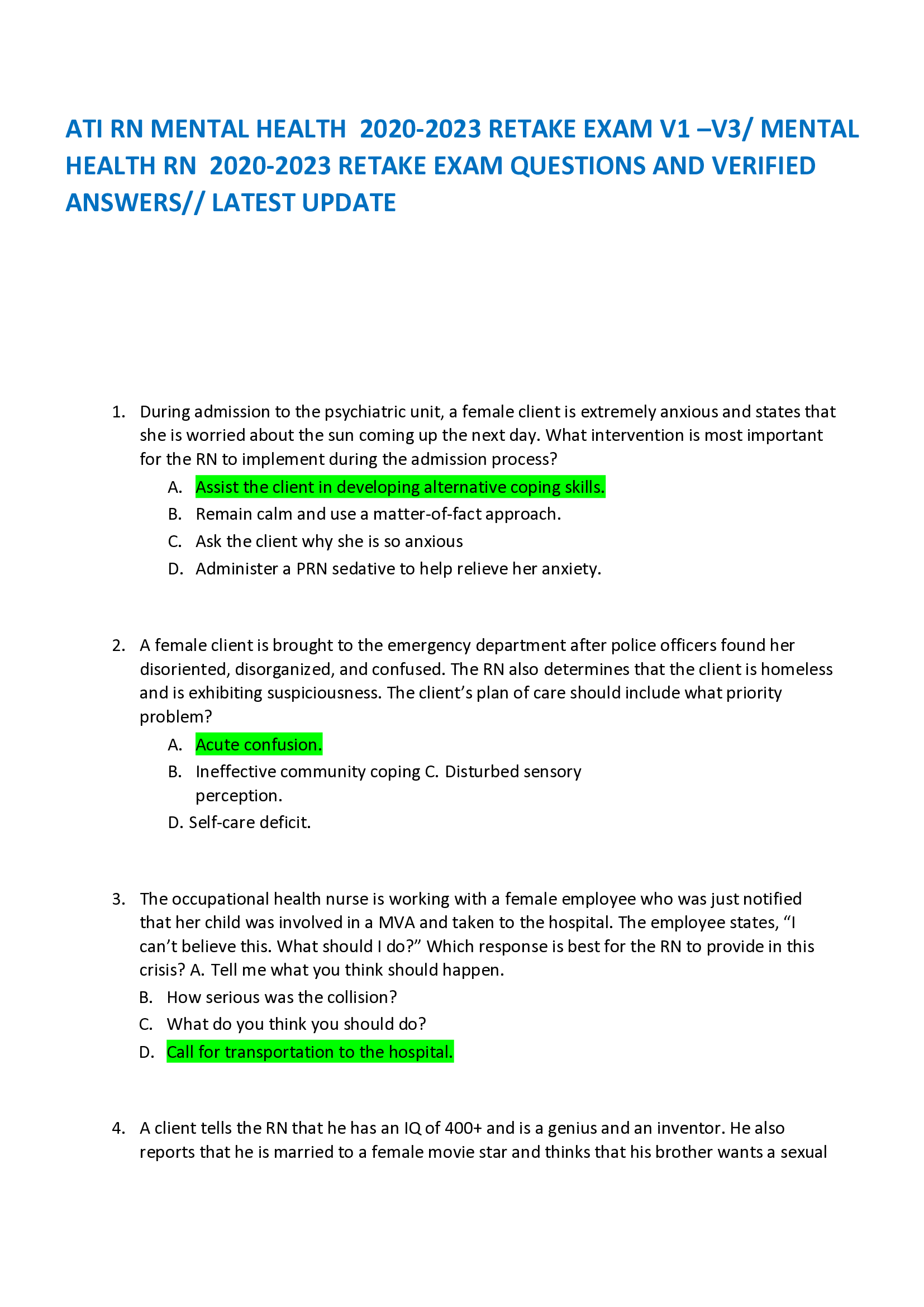 ATI RN MENTAL HEALTH  2020-2023 RETAKE EXAM V1 –V3, MENTAL HEALTH RN  2020-2023 RETAKE EXAM QUESTIONS AND VERIFIED ANSWERS, LATEST UPDATE