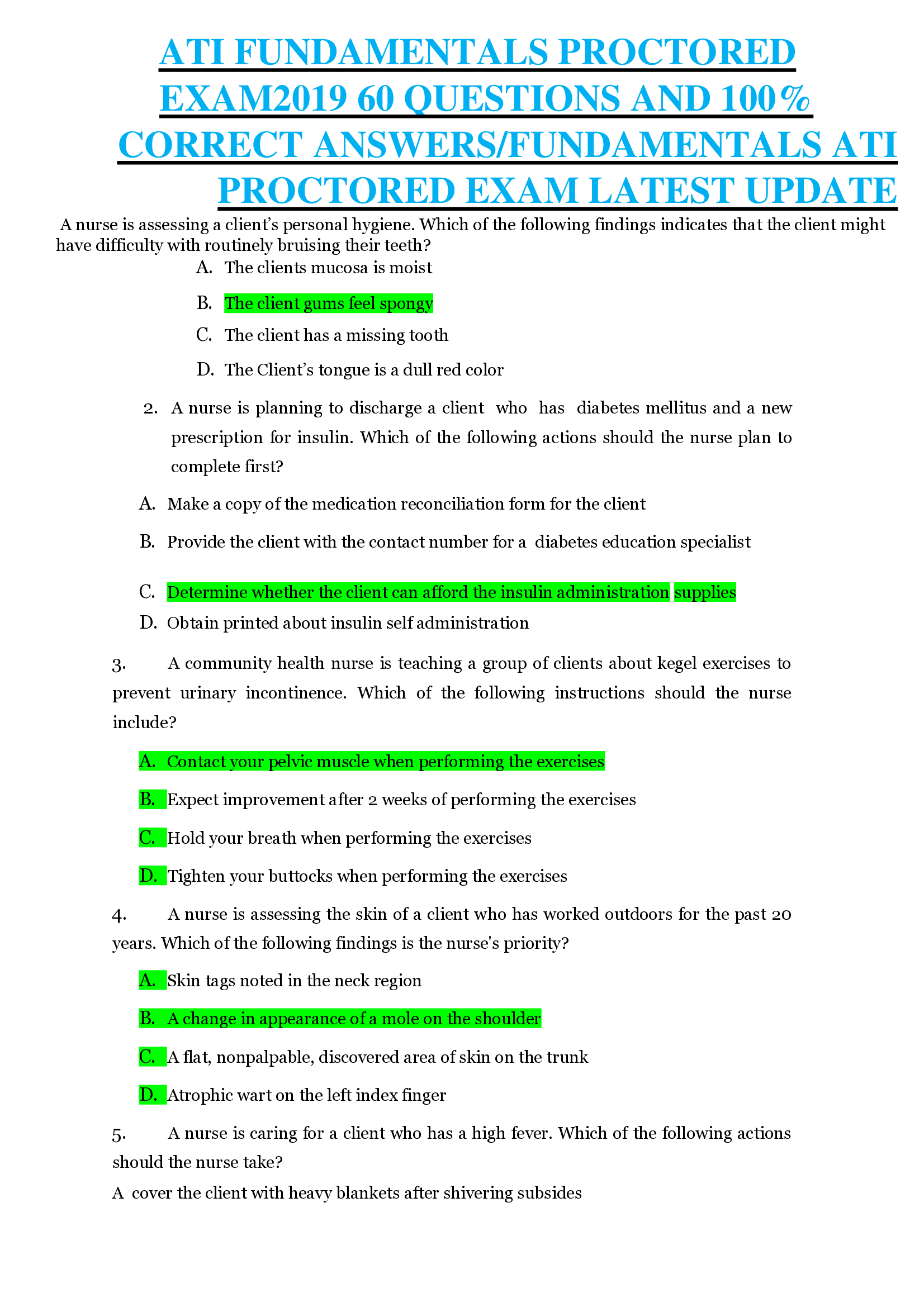 ATI FUNDAMENTALS PROCTORED EXAM2019 60 QUESTIONS AND CORRECT ANSWERS, FUNDAMENTALS ATI PROCTORED EXAM LATEST UPDATE