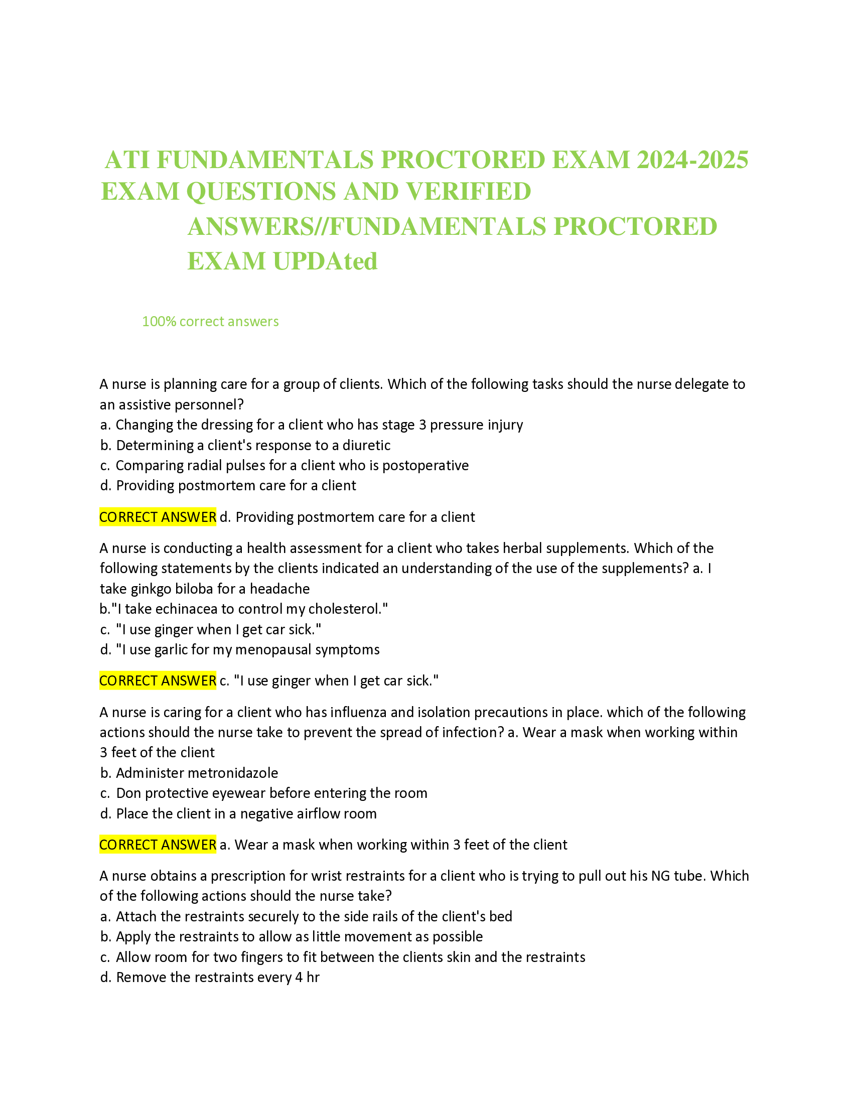 ATI FUNDAMENTALS PROCTORED EXAM 2024-2026 EXAM QUESTIONS AND VERIFIED ANSWERS | FUNDAMENTALS PROCTORED EXAM UPDAted  A nurse is planning care for a group of clients. Which of the following tasks should the nurse delegate to an assistive personnel