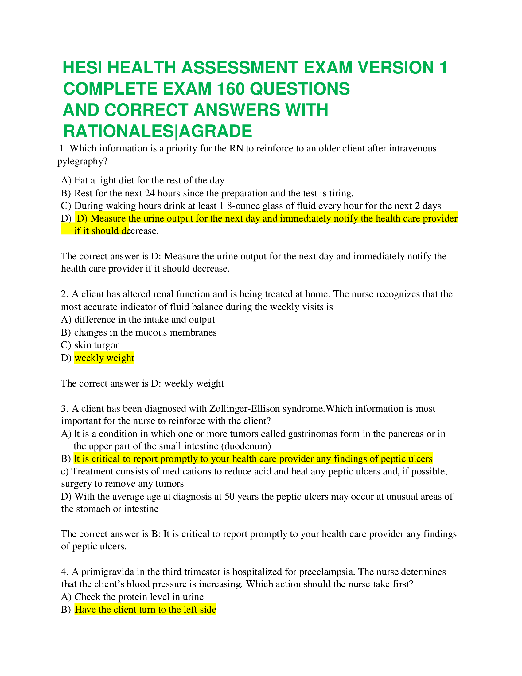 HESI HEALTH ASSESSMENT EXAM VERSION 1