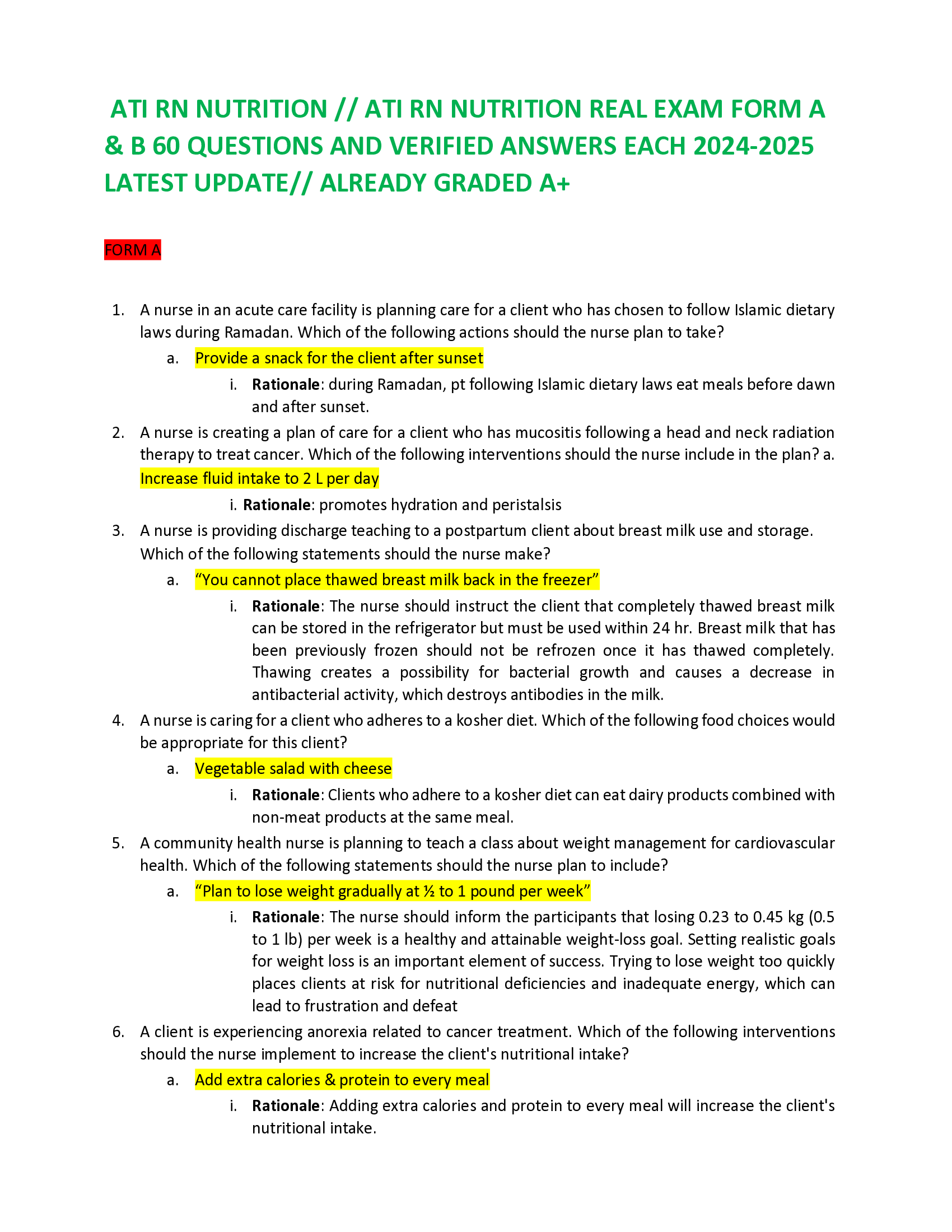 ATI RN NUTRITION REAL EXAM FORM A & B 60 QUESTIONS AND VERIFIED ANSWERS