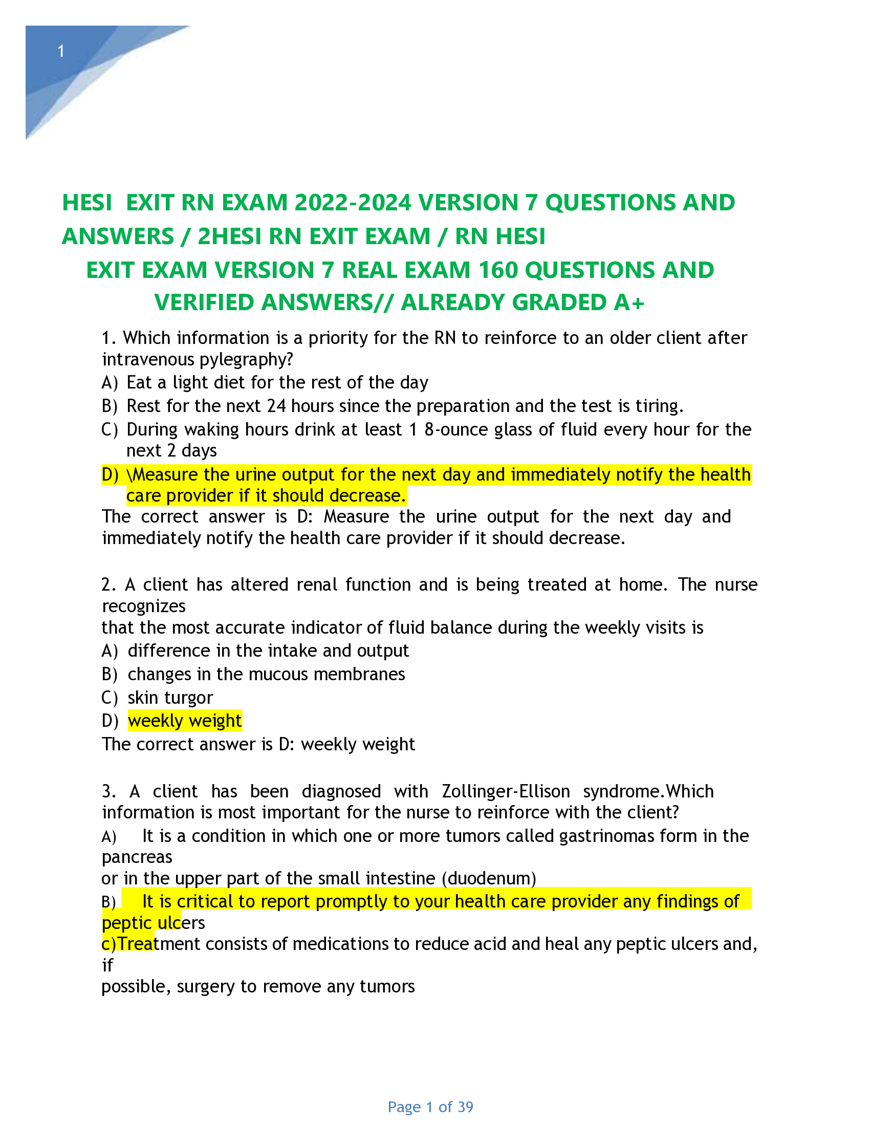 HESI  EXIT RN (2026) Verified Questions and Answers