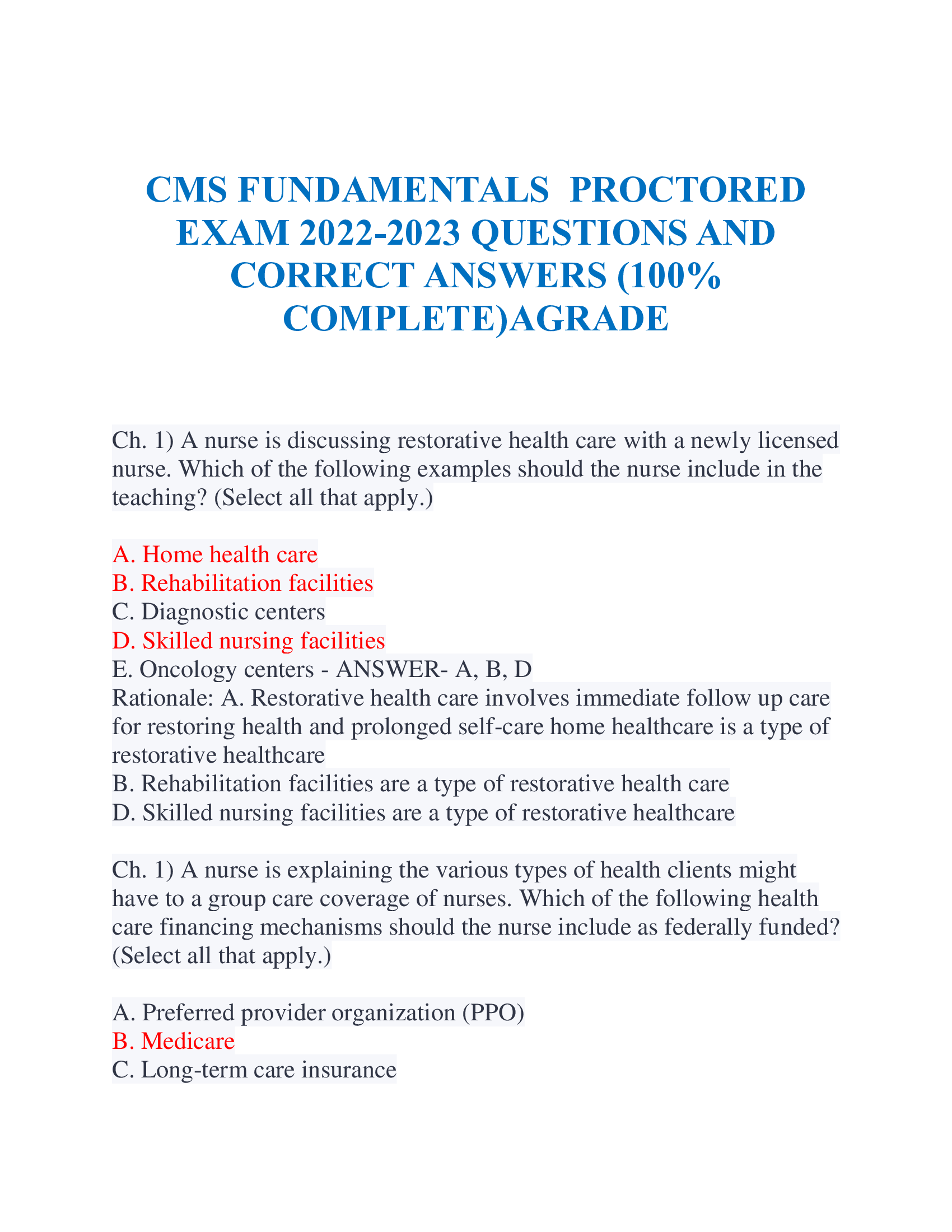 CMS FUNDAMENTALS  PROCTORED EXAM 2022-2023 QUESTIONS AND  CORRECT ANSWERS (100% COMPLETE)AGRADE