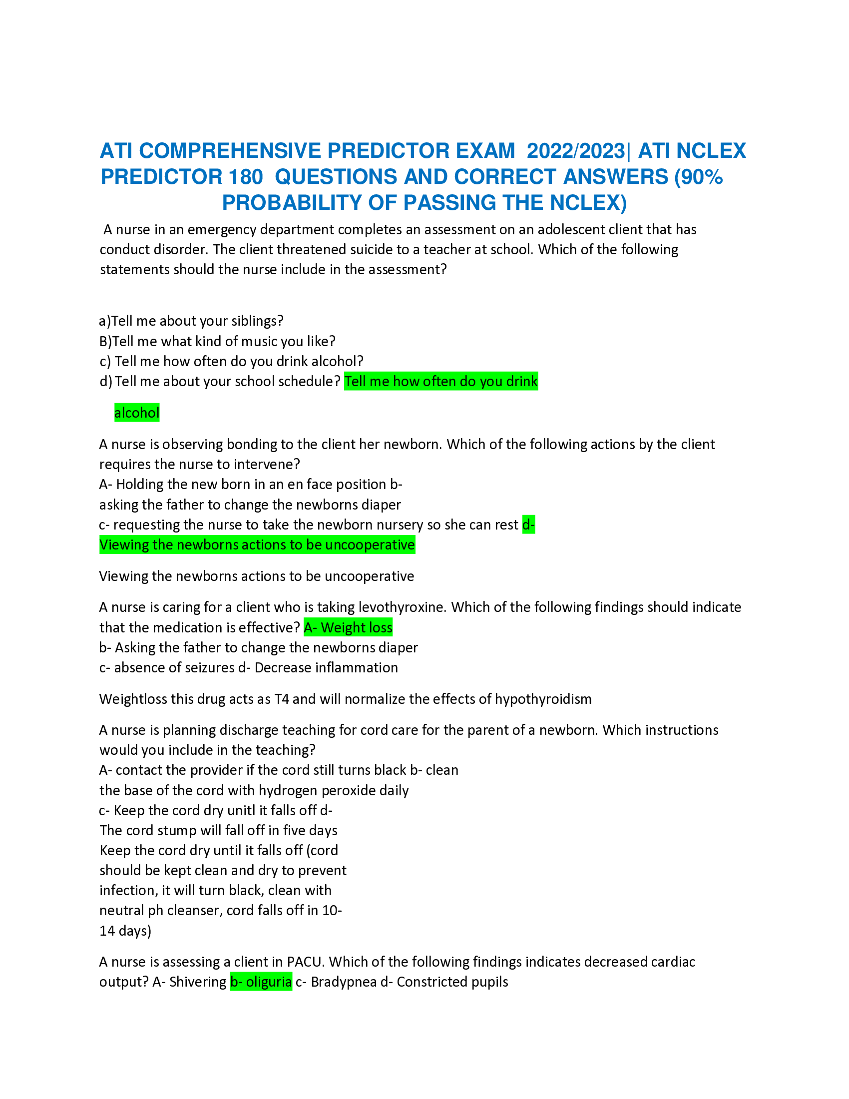ATI COMPREHENSIVE PREDICTOR EXAM 2022, 2023| ATI NCLEX PREDICTOR 180  QUESTIONS AND CORRECT ANSWERS (90 Percent  PROBABILITY OF PASSING THE NCLEX)