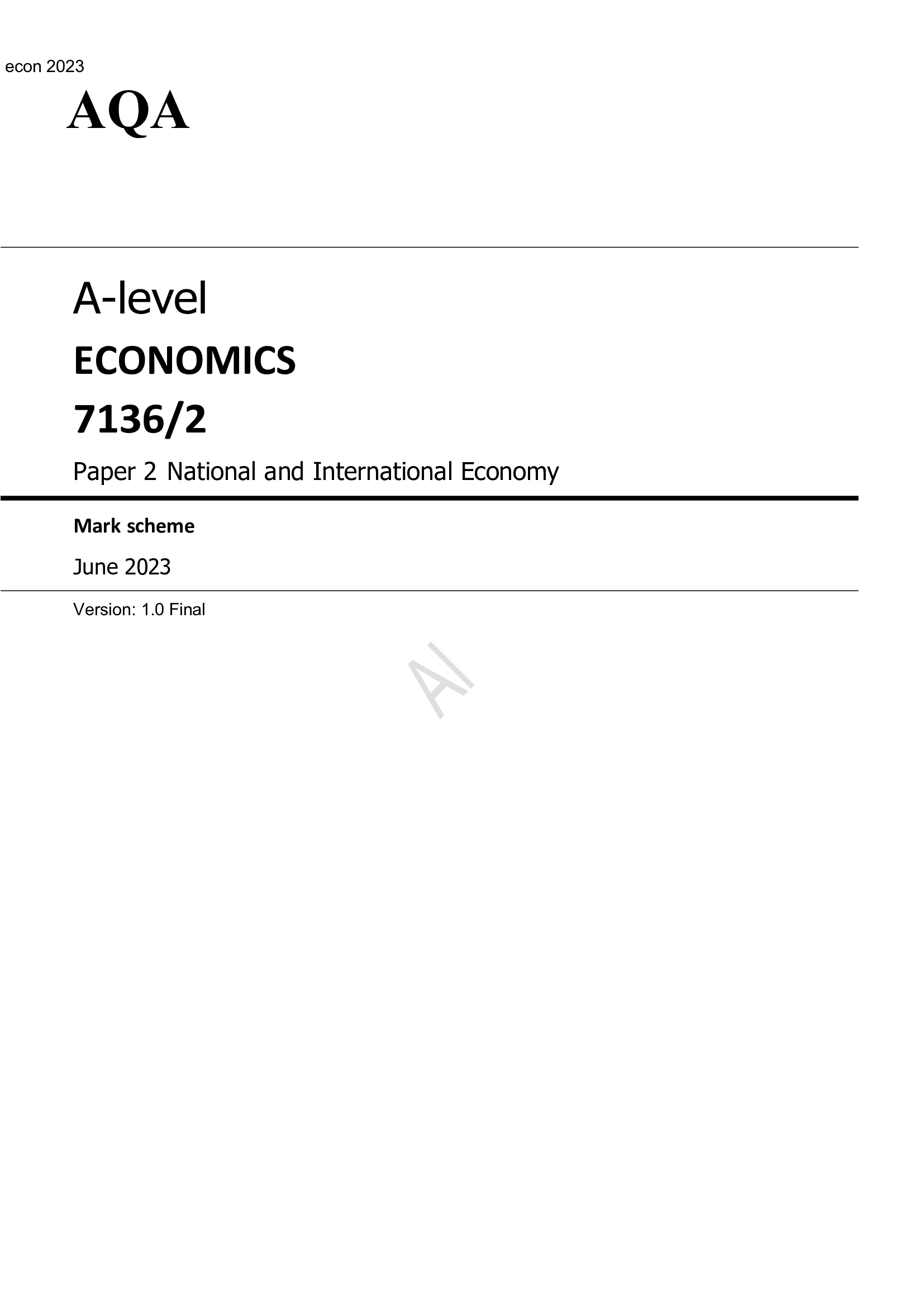 AQA A level ECONOMICS Paper 2 June 2023 official mark scheme