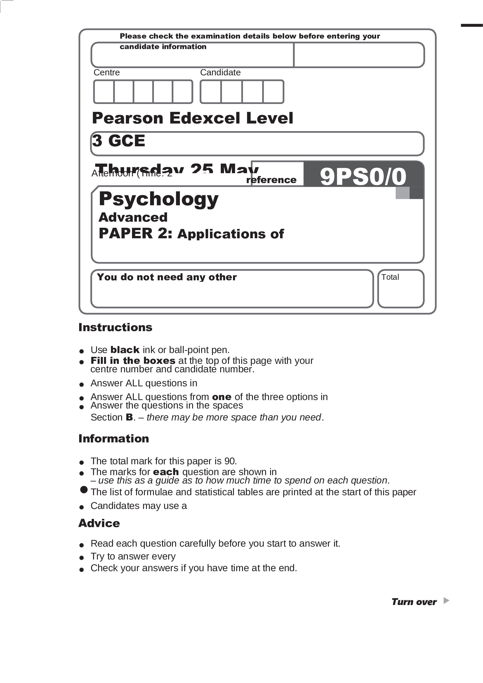 Pearson Edexcel Level 3 GCE Psychology Advanced PAPER 2 Applications of psychology June 2023