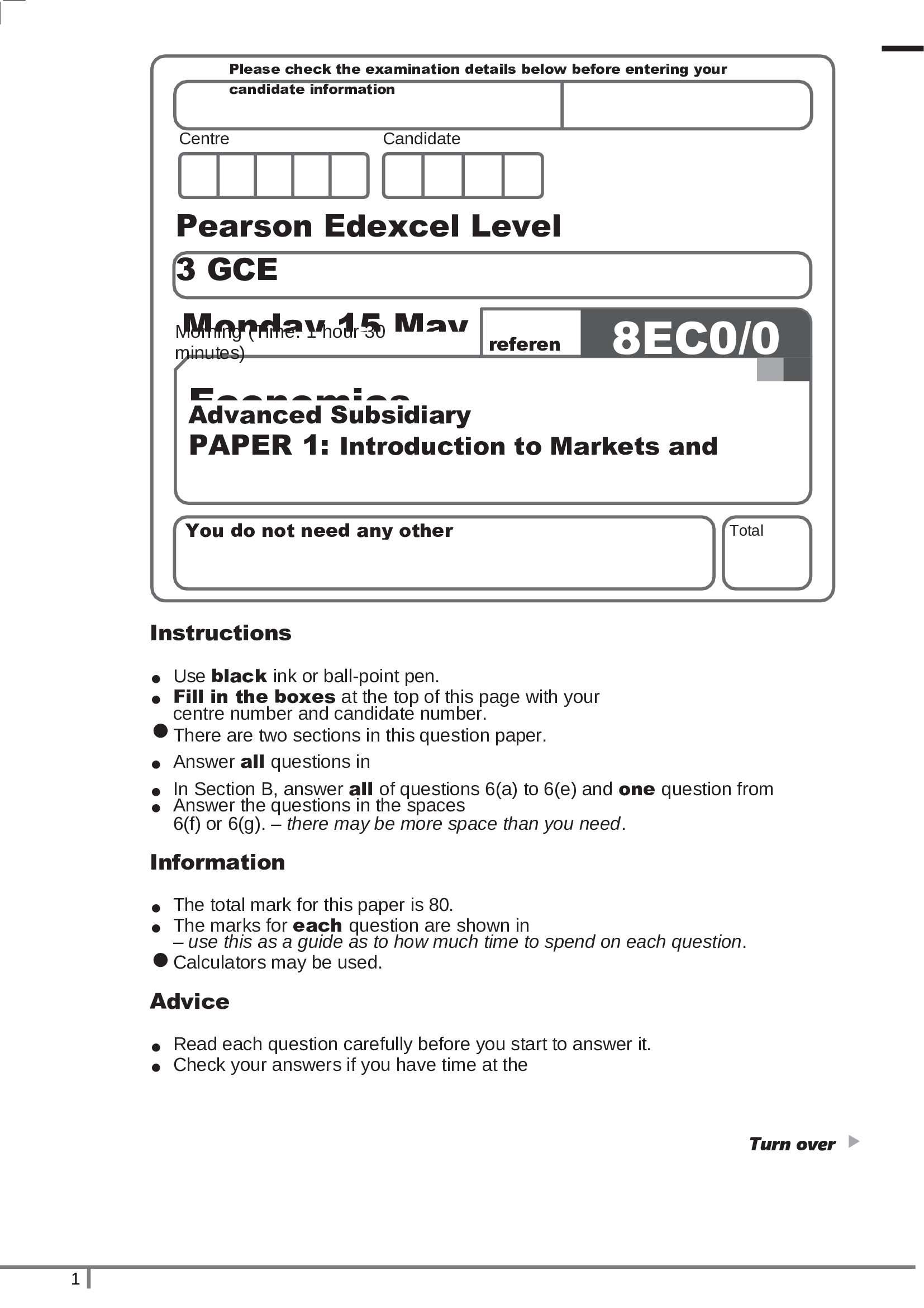 Pearson Edexcel Level 3 GCE  Economics A Advanced Subsidiary PAPER 1: Introduction to Markets and Market Failure june 2023