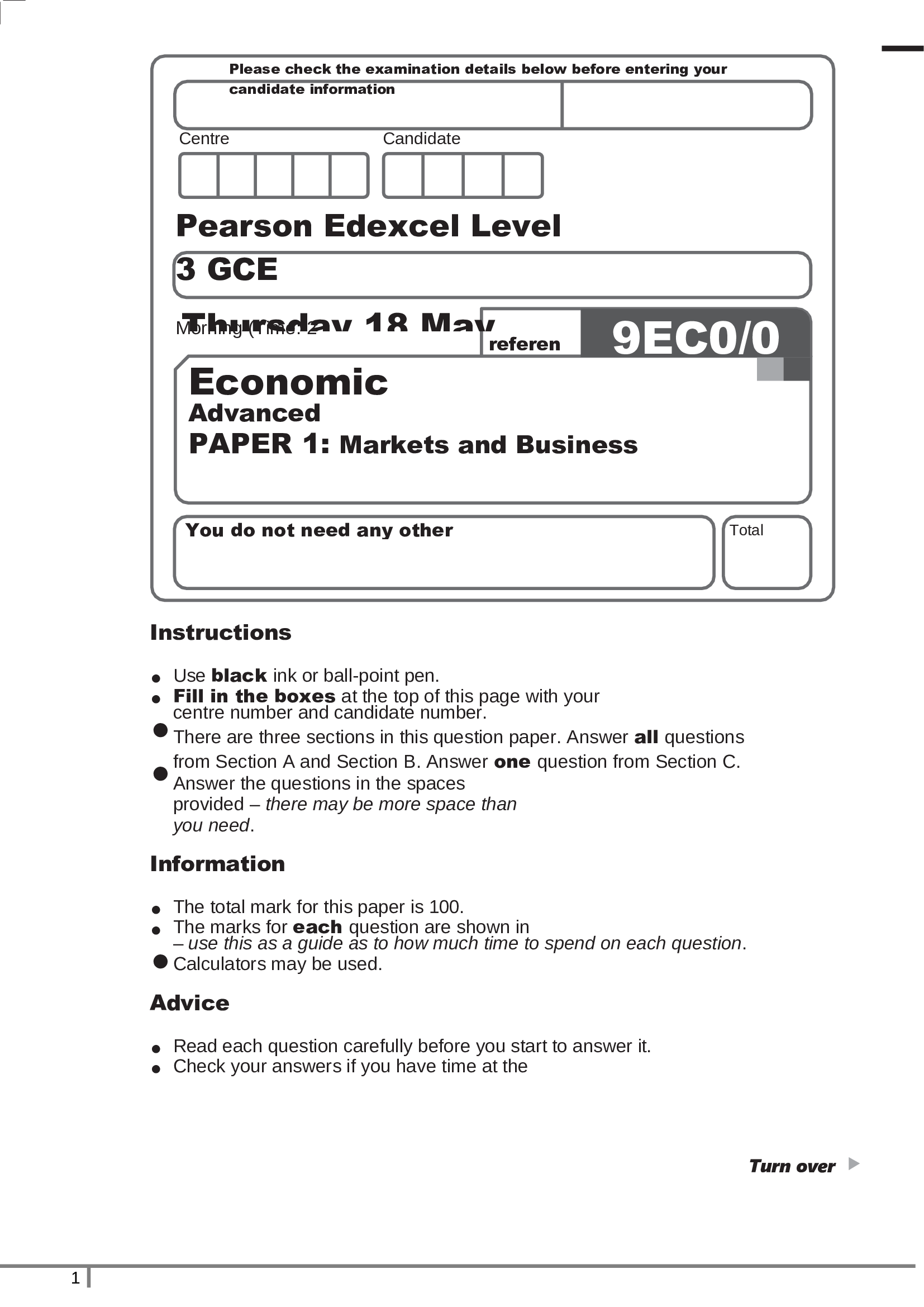 Pearson Edexcel Level 3 GCE Economics A Advanced PAPER 1: Markets and Business Behaviour June 2023
