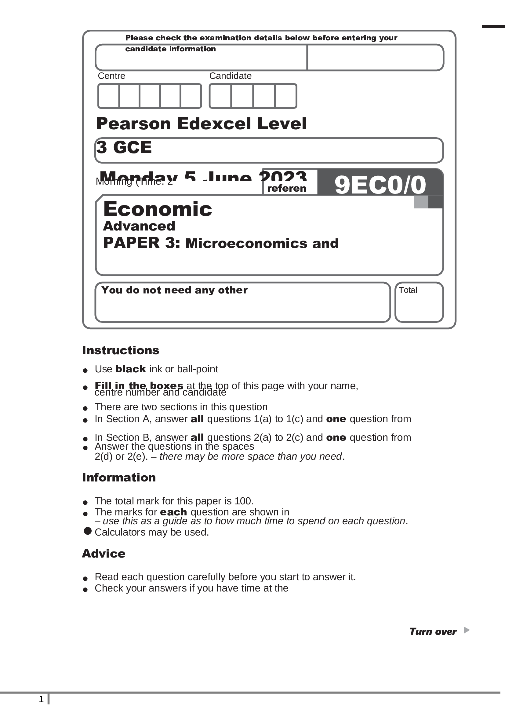 Pearson Edexcel Level 3 GCE Economics A Advanced PAPER 3: Microeconomics and Macroeconomics June 2023