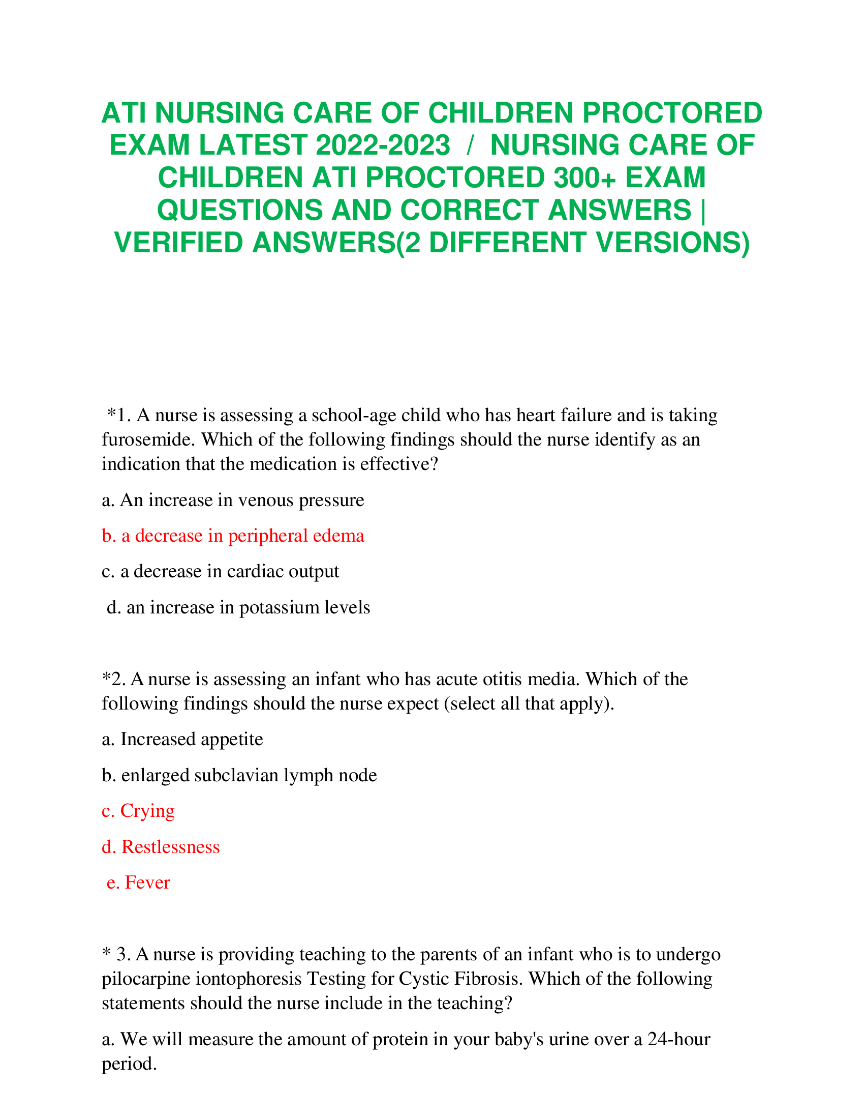ATI NURSING CARE OF  CHILDREN ATI PROCTORED300+ EXAM  QUESTIONS AND CORRECT ANSWERS |  VERIFIED ANSWERS(2 DIFFERENT VERSIONS)