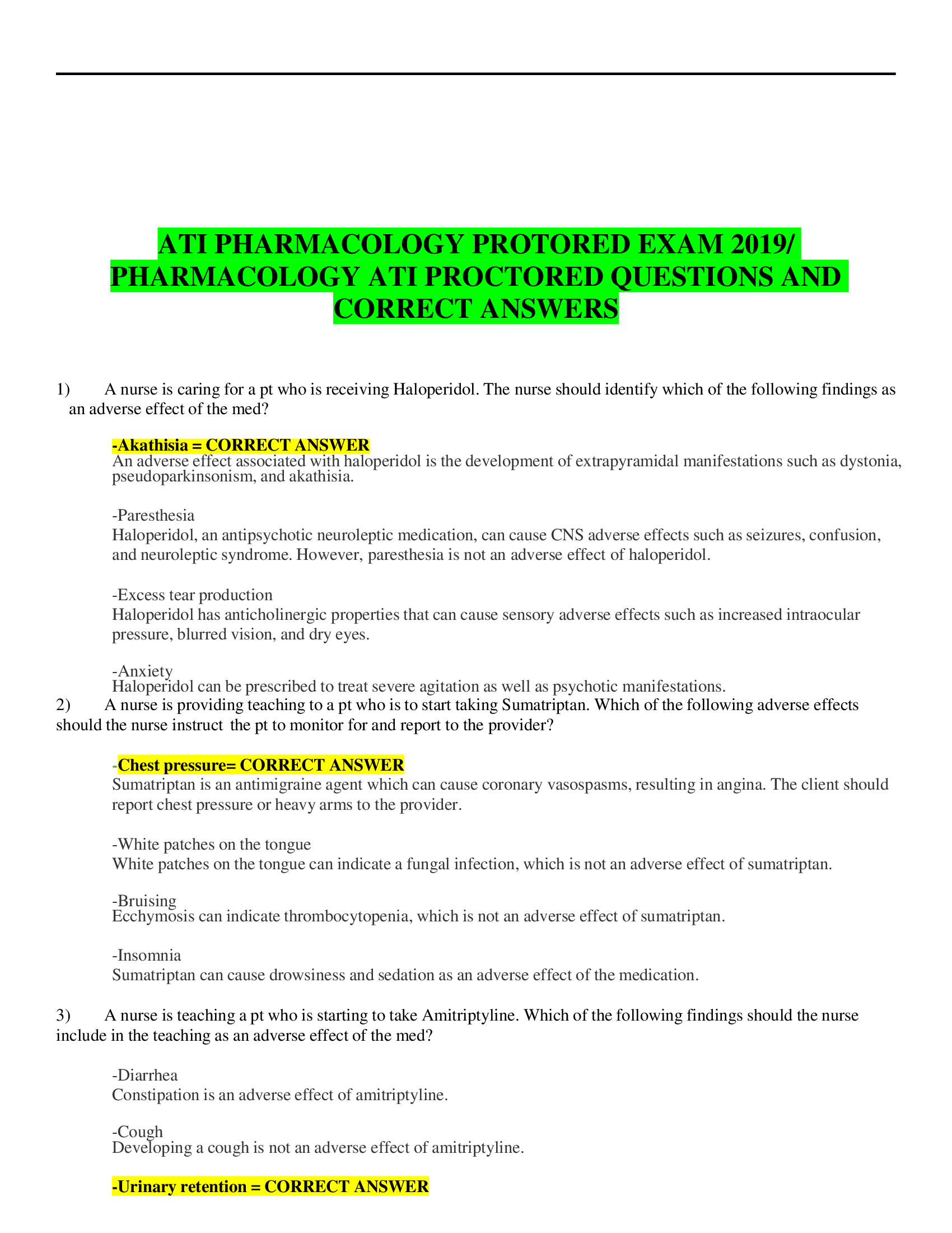 ATI PHARMACOLOGY PROTOREDEXAM2019  PHARMACOLOGY ATI PROCTORED QUESTIONS AND  CORRECT ANSWERS