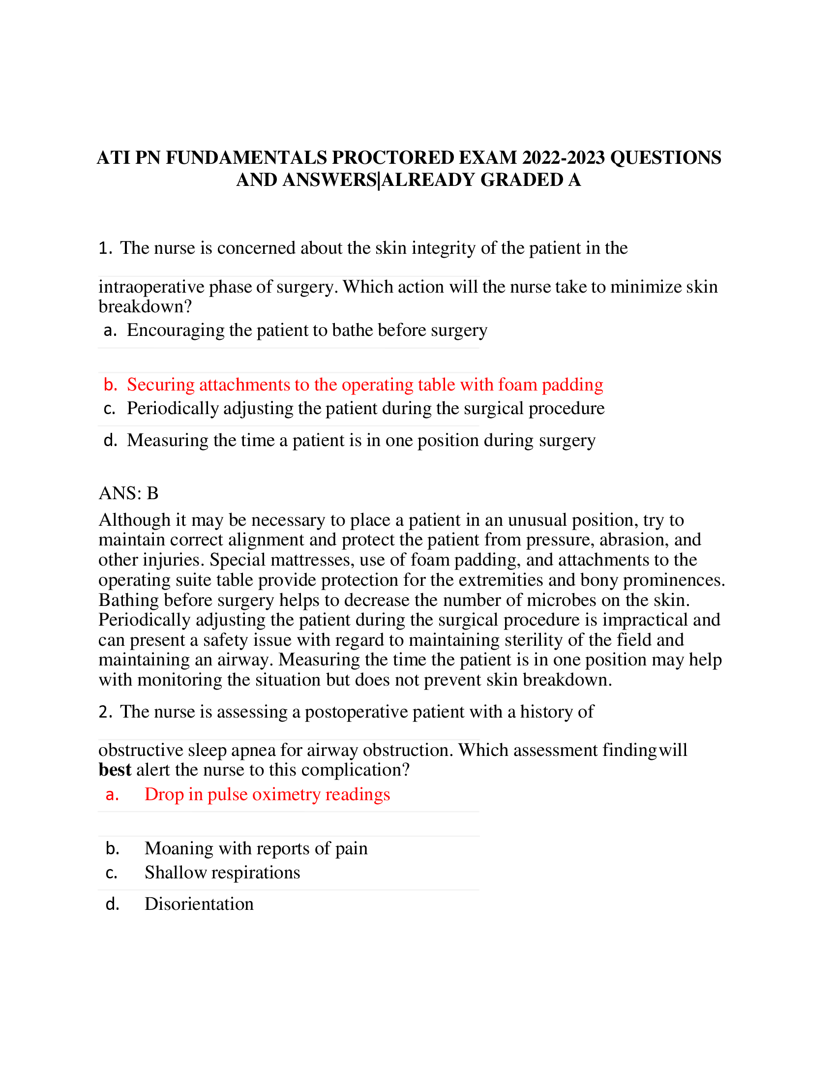 ATI PN FUNDAMENTALS PROCTORED EXAM 2022-2023 QUESTIONS  AND ANSWERS|ALREADY GRADED A