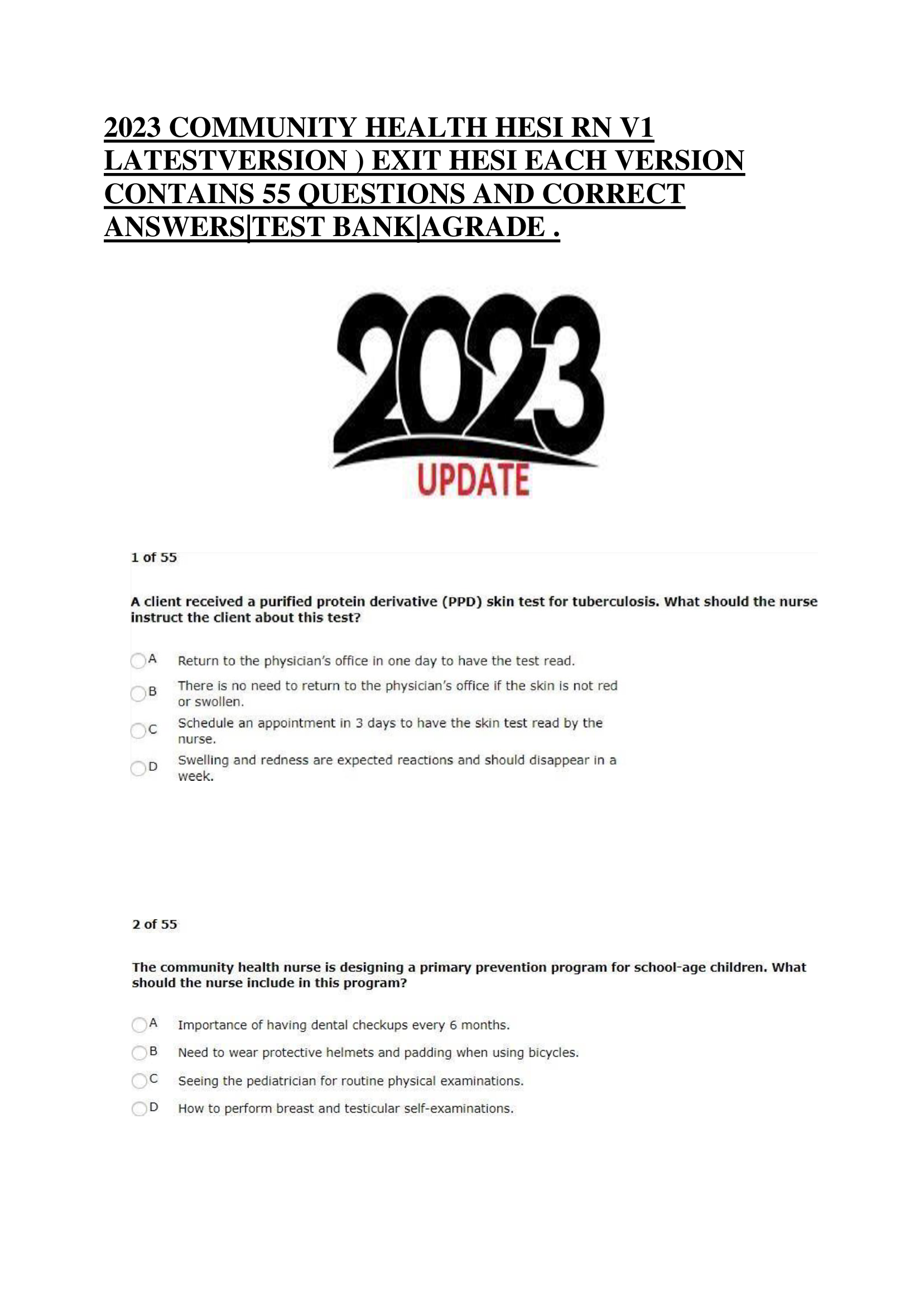 2023 COMMUNITY HEALTH HESI RN V1  LATESTVERSION ) EXIT HESI EACH VERSION  CONTAINS 55 QUESTIONS AND CORRECT  ANSWERS|TEST BANK|AGRADE .