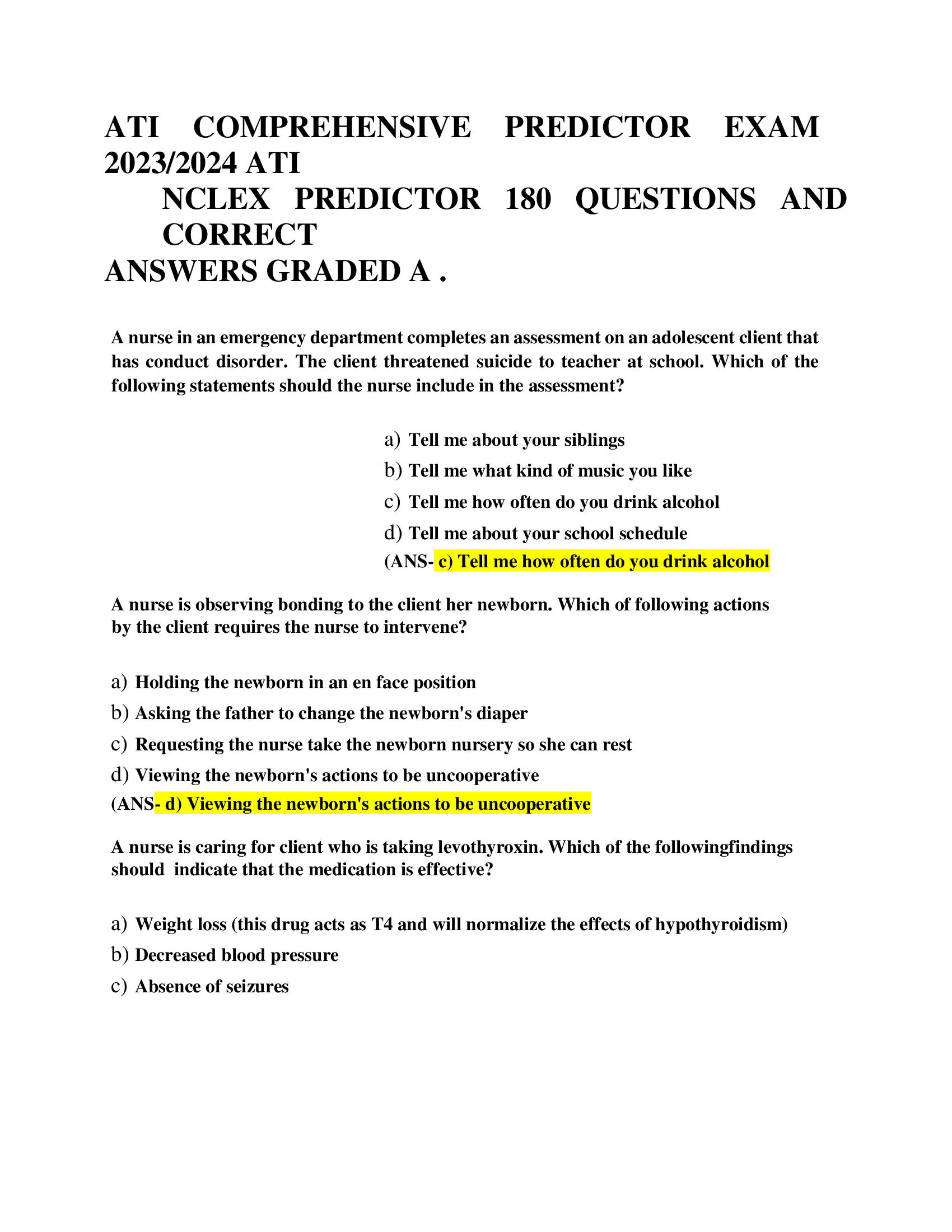 ATI COMPREHENSIVE PREDICTOR EXAM  2023, 2024 ATI  NCLEX PREDICTOR 180 QUESTIONS AND  CORRECT  ANSWERS GRADED A .