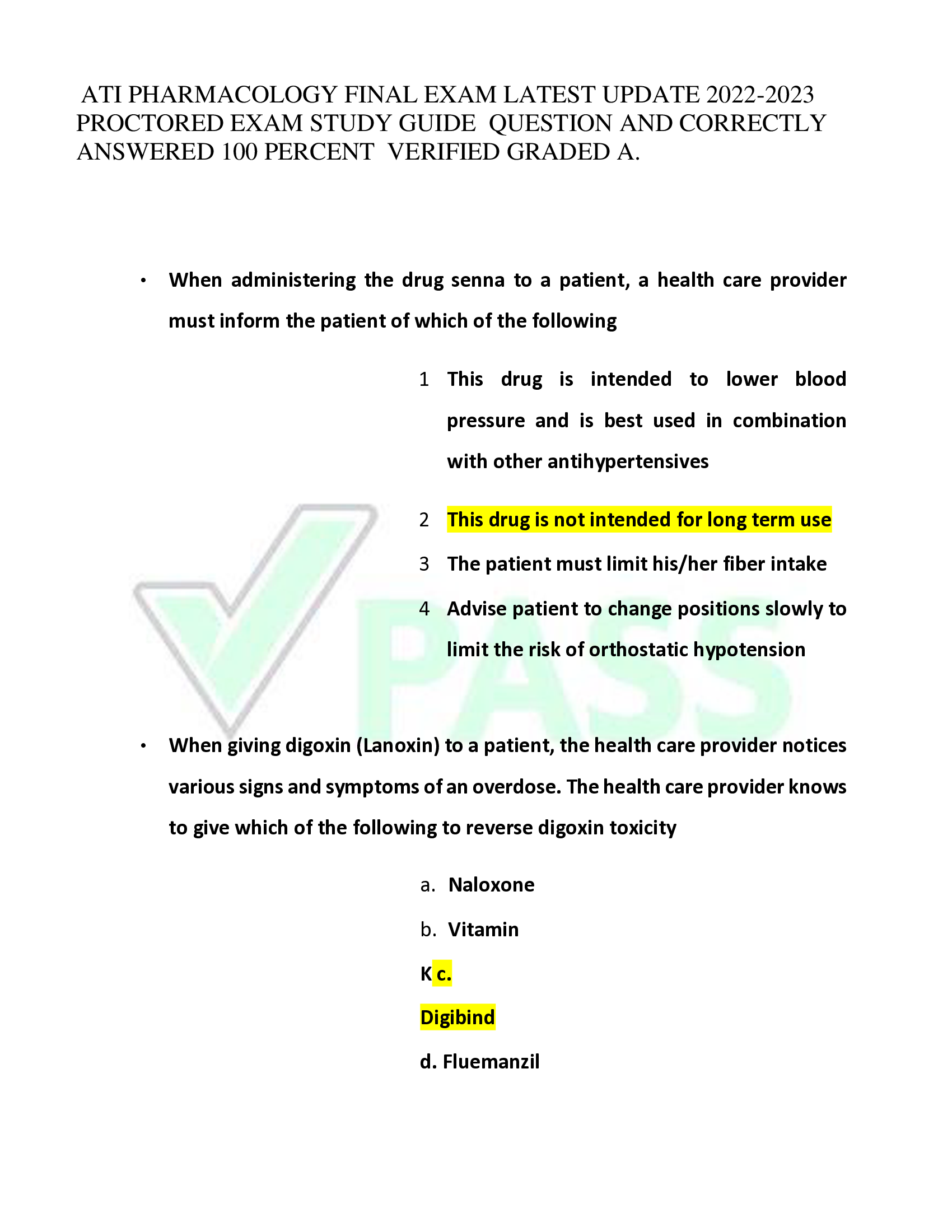 ATI PHARMACOLOGY FINAL EXAM LATEST UPDATE 2022-2023  PROCTORED EXAM STUDY GUIDE QUESTION AND CORRECTLY  ANSWERED 100 PERCENT VERIFIED GRADED A.