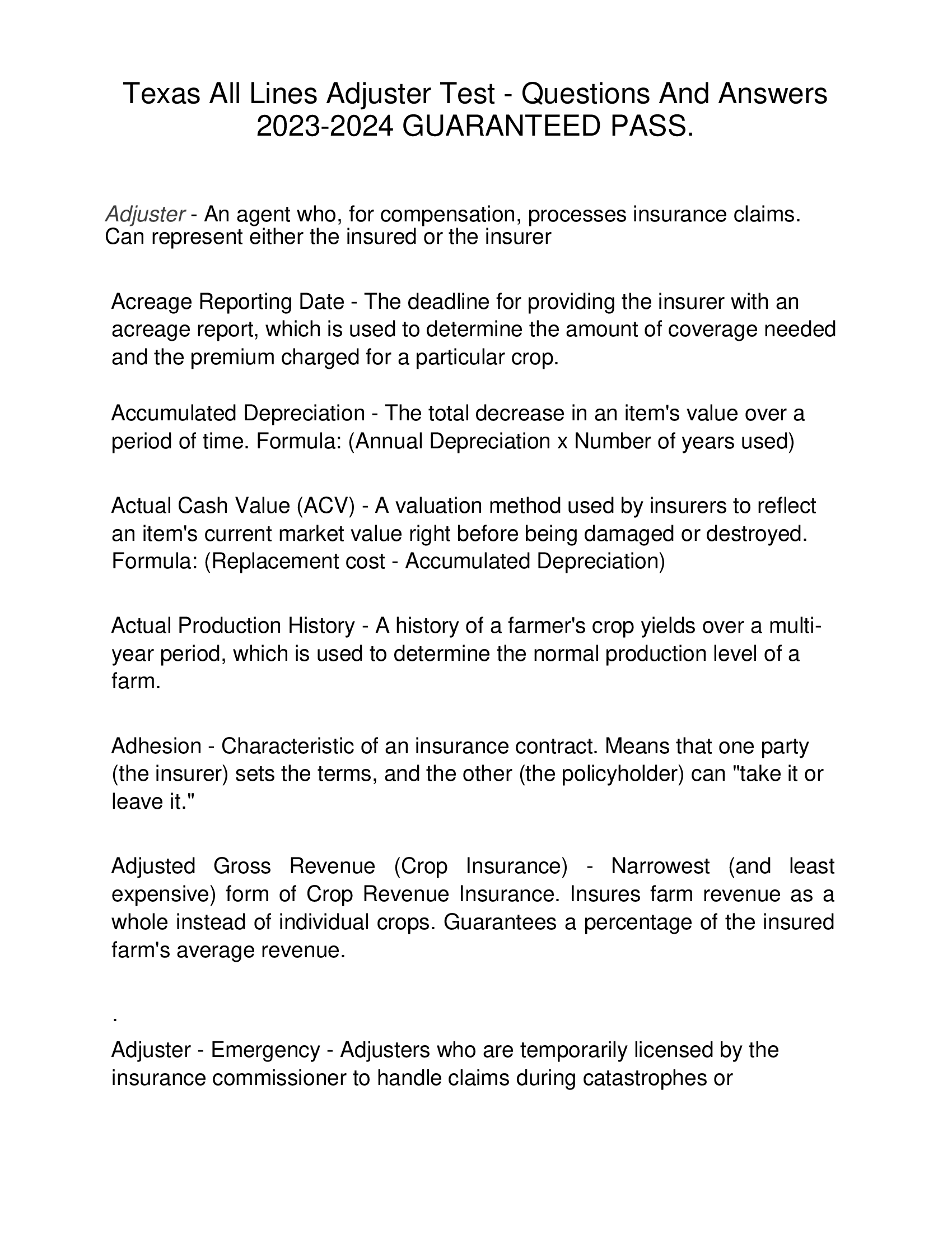 Texas All Lines Adjuster Test - Questions And Answers  2023-2024 GUARANTEED PASS