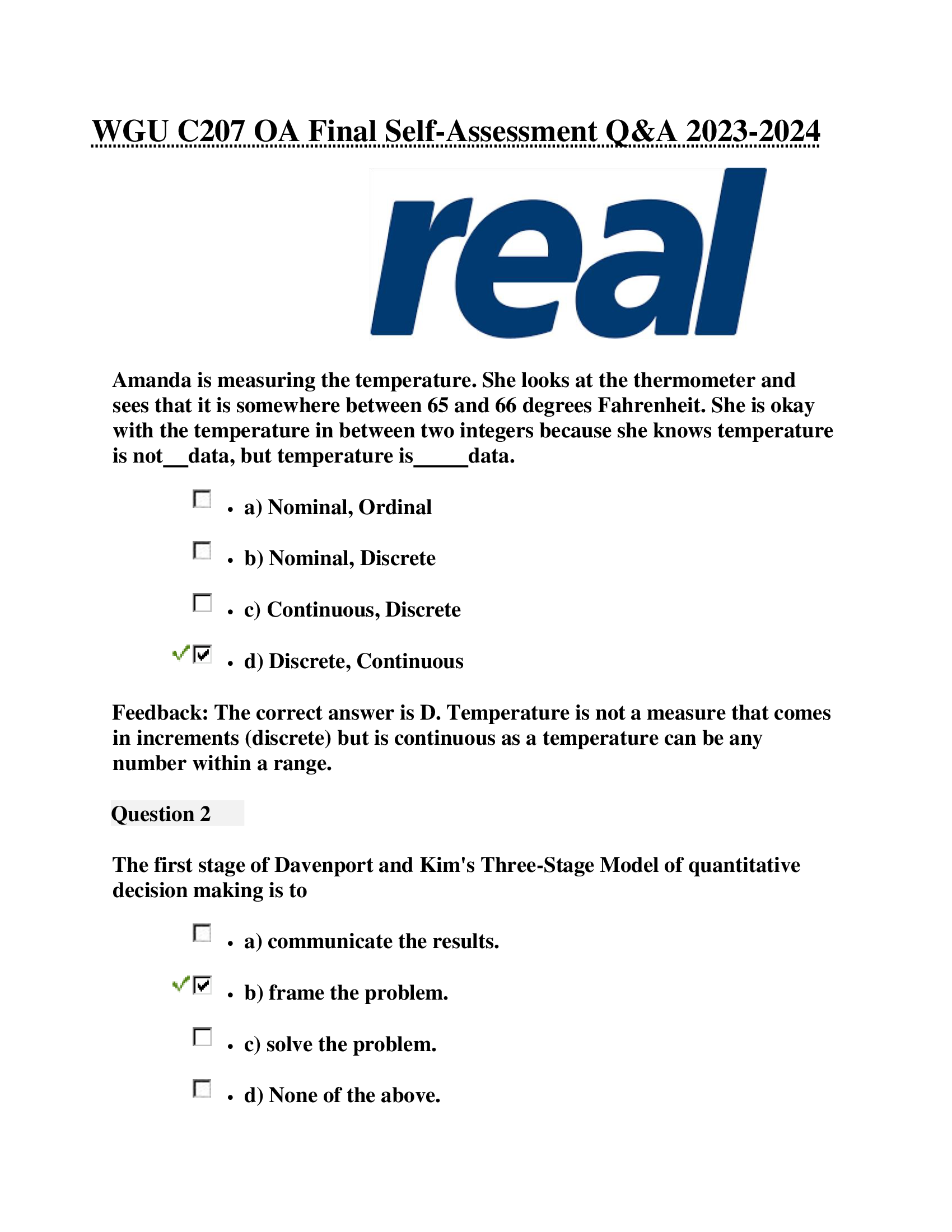 WGU C207 OA Final Self-Assessment Q&A 2023-2024