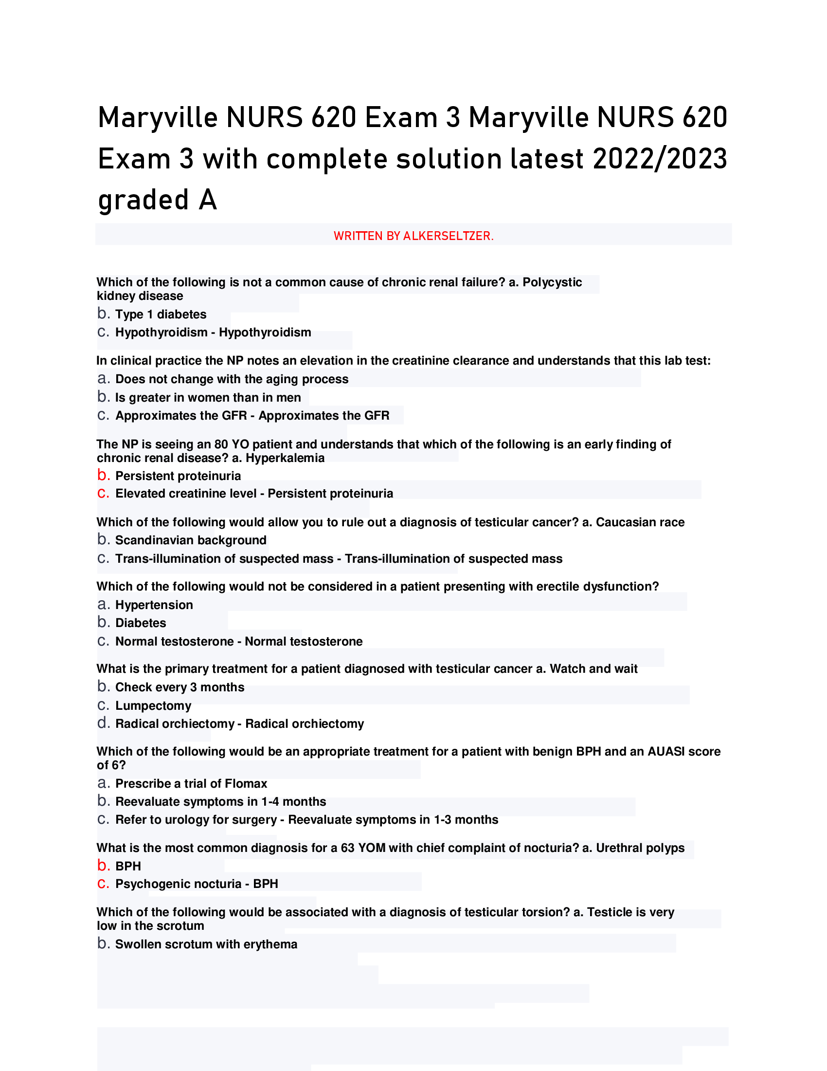 Maryville NURS 620 Exam 3 Maryville NURS 620  Exam 3 with complete solution latest 2022, 2023  graded A