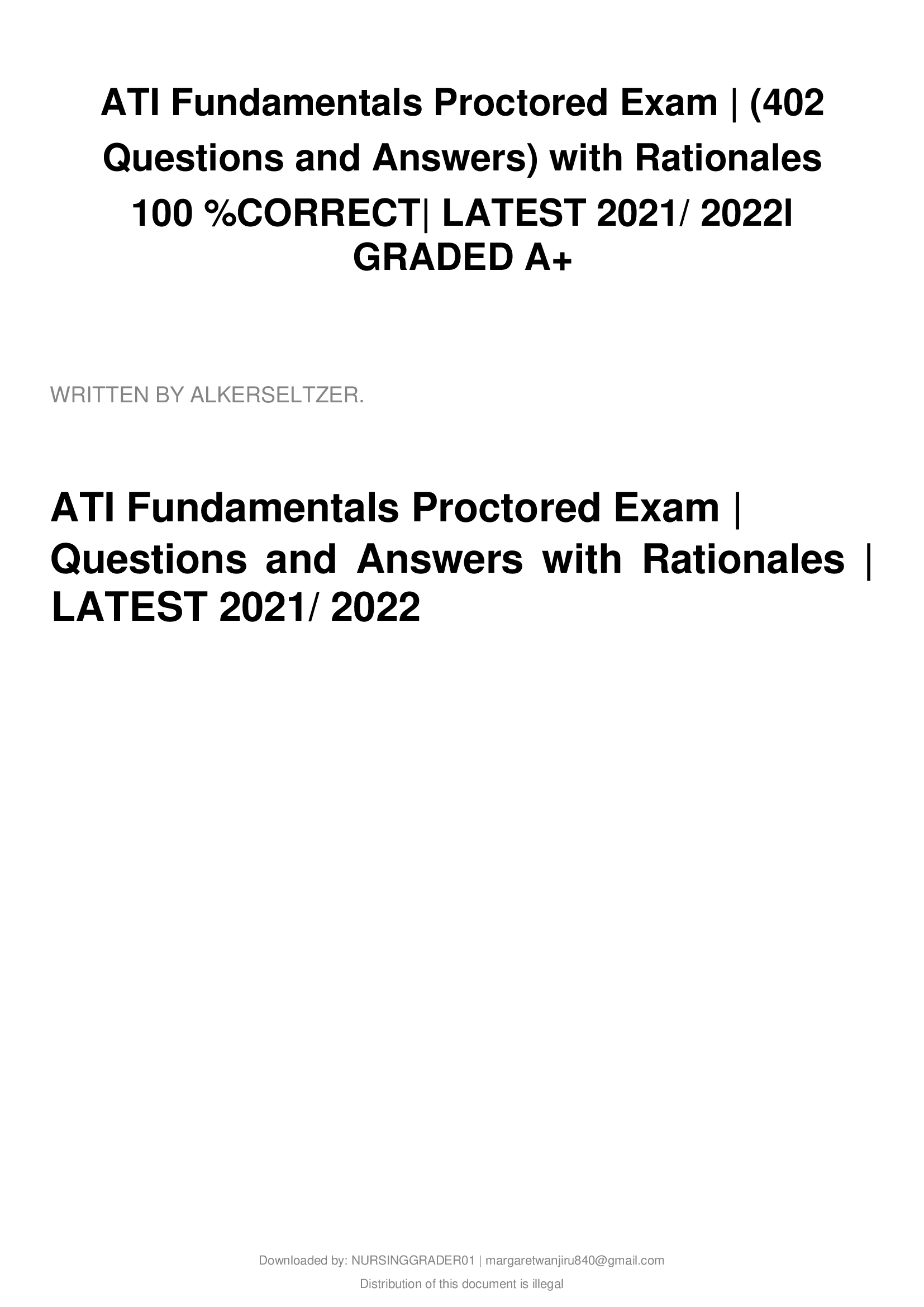 ATI Fundamentals Proctored Exam | (402 Questions and Answers) with Rationales