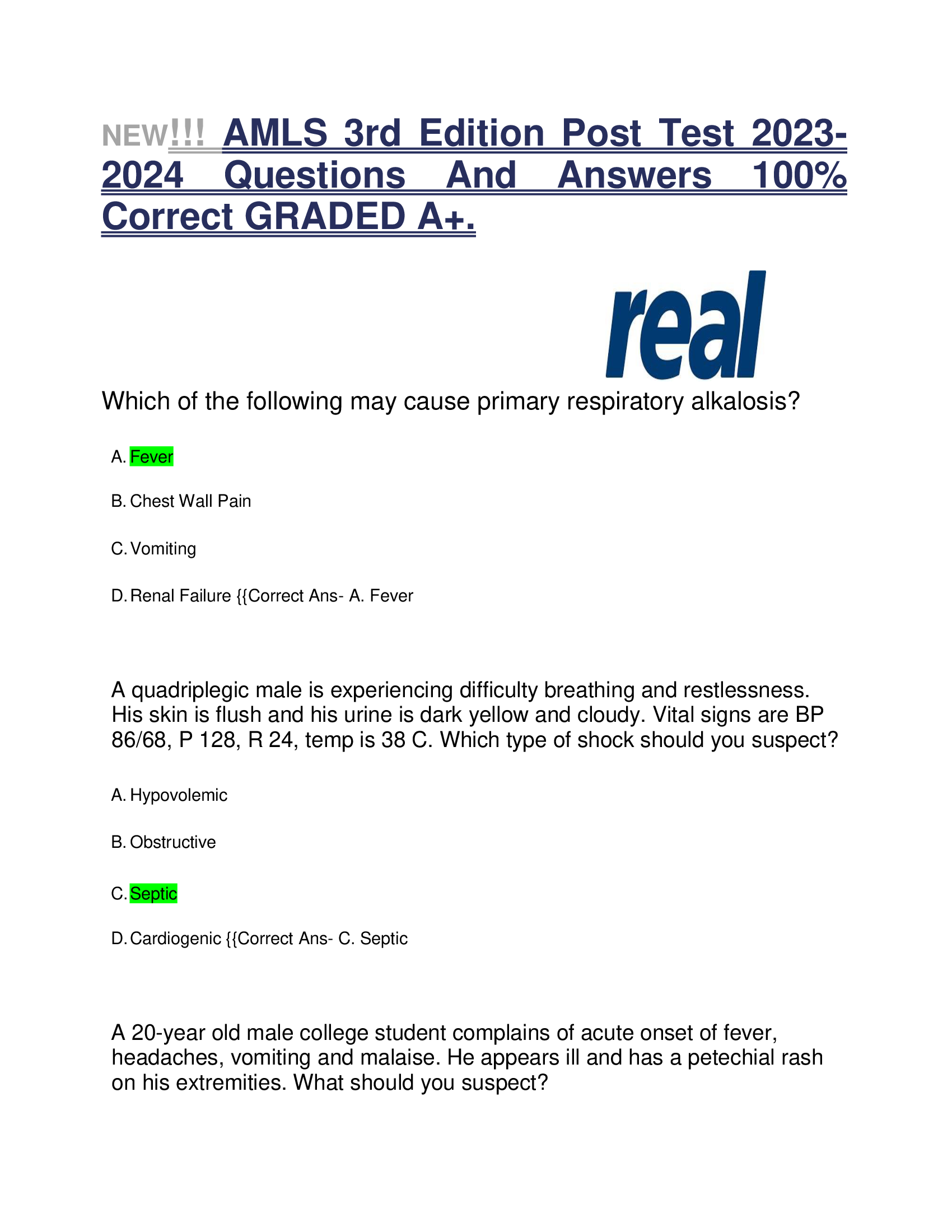NEW!!! AMLS 3rd Edition Post Test 2023- 2024 Questions And Answers 100%  Correct GRADED A+.