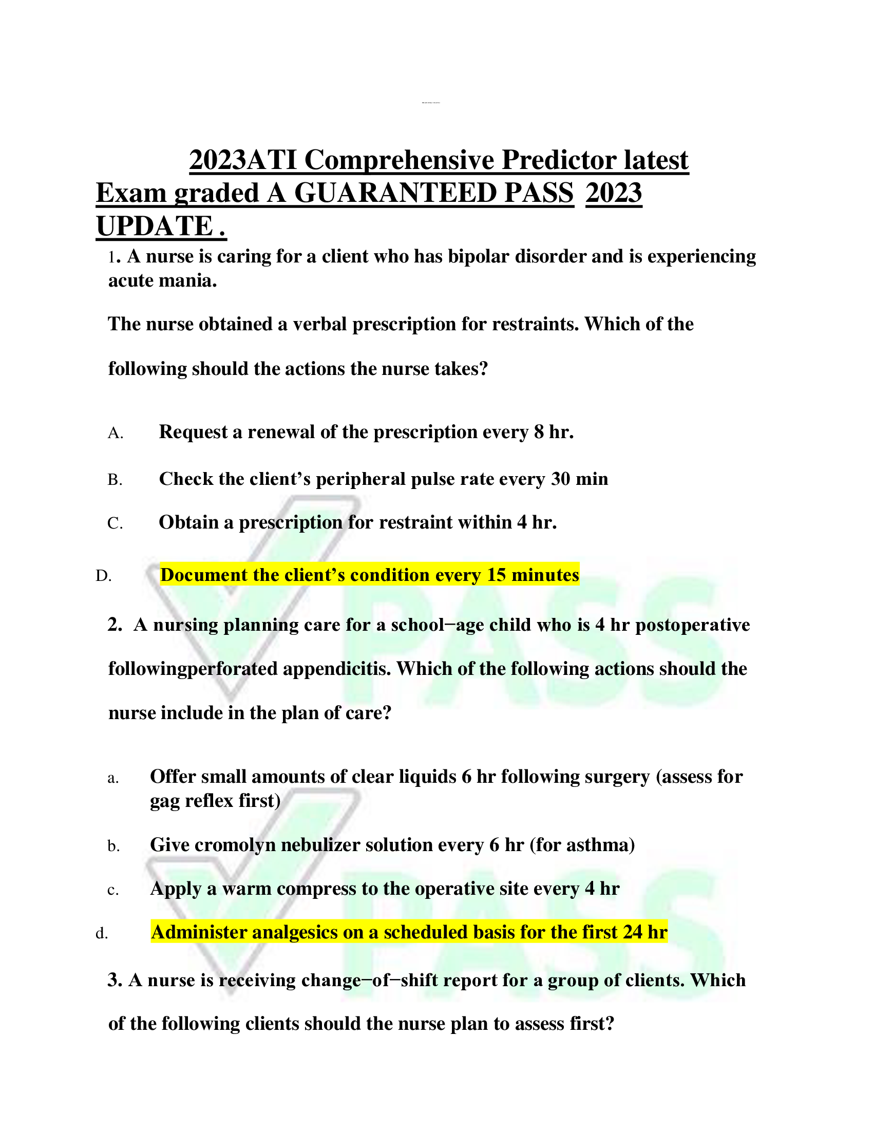 2023ATI Comprehensive Predictor latest Exam graded A GUARANTEED PASS 2023  UPDATE .