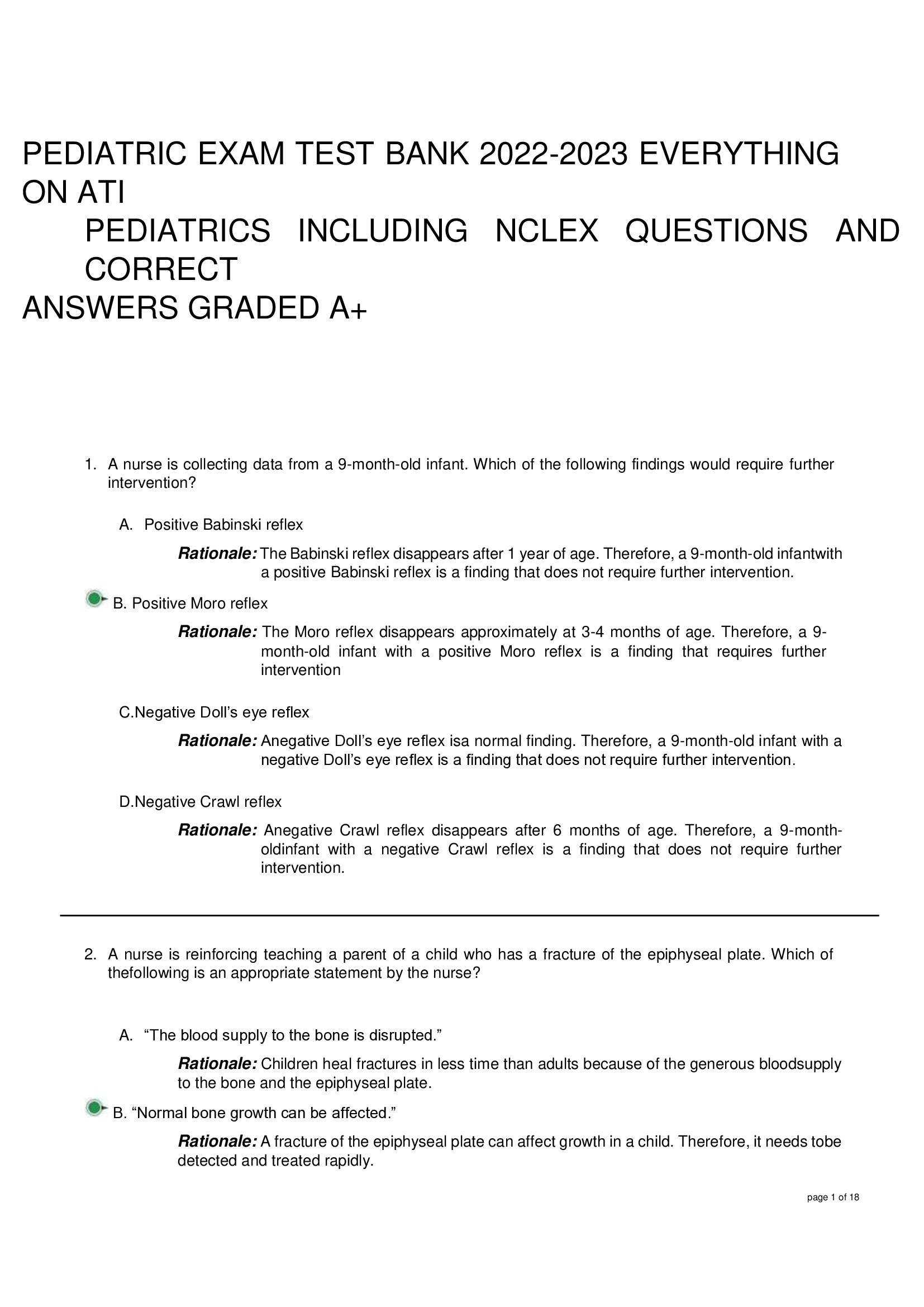 PEDIATRIC EXAM TEST BANK 2022-2023 EVERYTHING  ON ATI  PEDIATRICS INCLUDING NCLEX QUESTIONS AND  CORRECT  ANSWERS GRADED A+