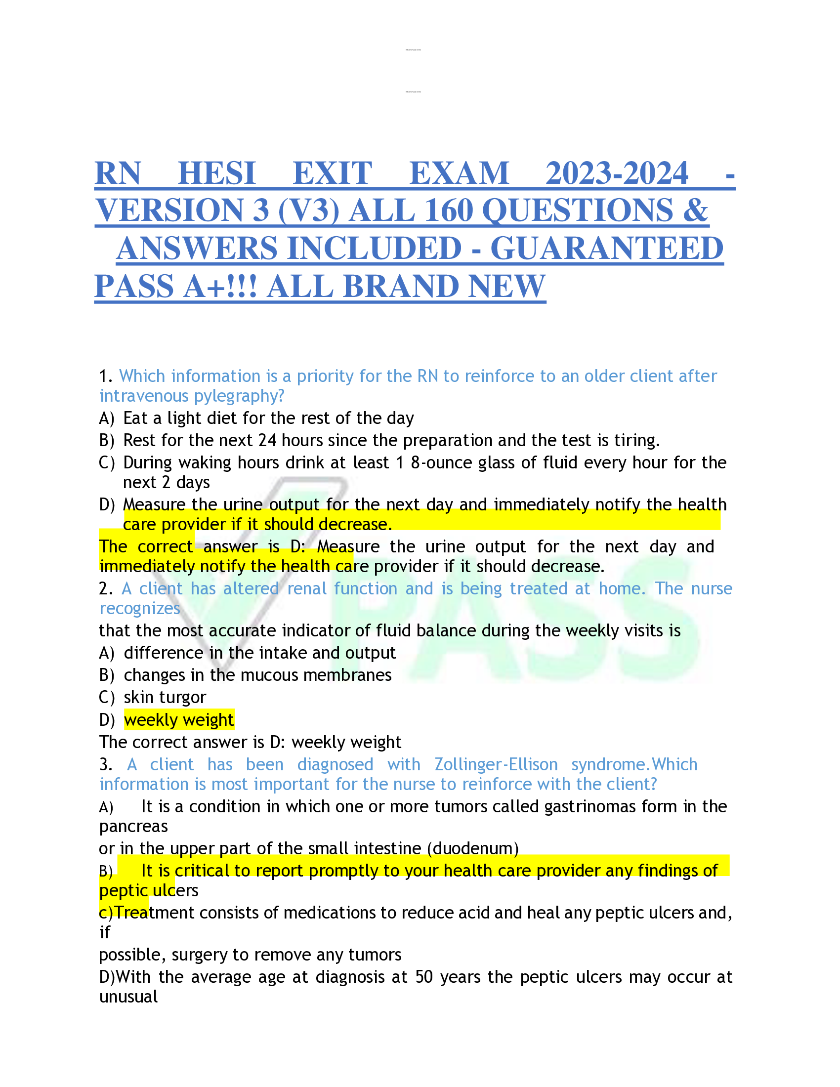 RN HESI EXIT EXAM 2023-2024 - VERSION 3 (V3) ALL 160 QUESTIONS &  ANSWERS INCLUDED - GUARANTEED  PASS A+!!! ALL BRAND NEW