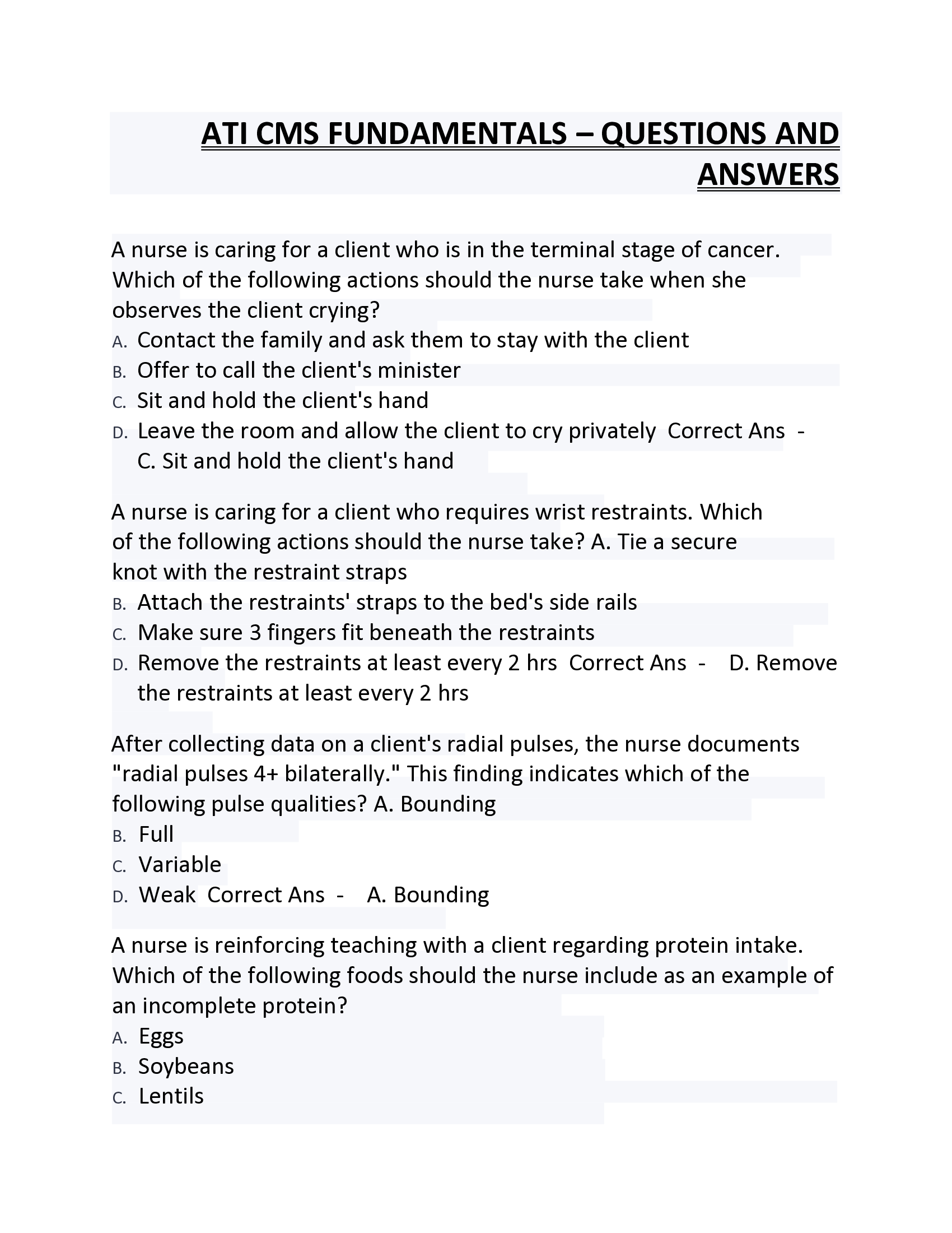 ATI CMS FUNDAMENTALS – QUESTIONS AND  ANSWERS