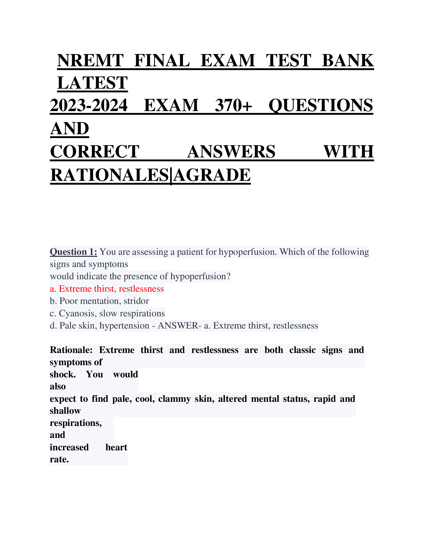 NREMT FINAL EXAM TEST BANK  LATEST  2023-2024 EXAM 370+ QUESTIONS  AND  CORRECT ANSWERS WITH  RATIONALES|AGRADE